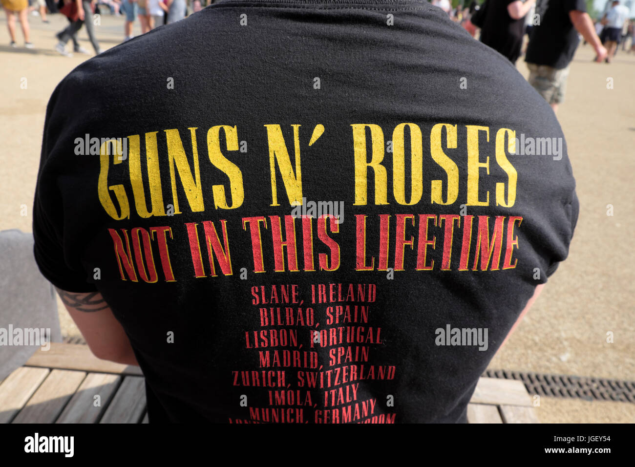 Man wearing Guns N' Roses 16 & 17 June, 2017 London, UK" t shirt at music  concert at Queen Elizabeth Olympic Park Stratford England UK KATHY DEWITT  Stock Photo - Alamy