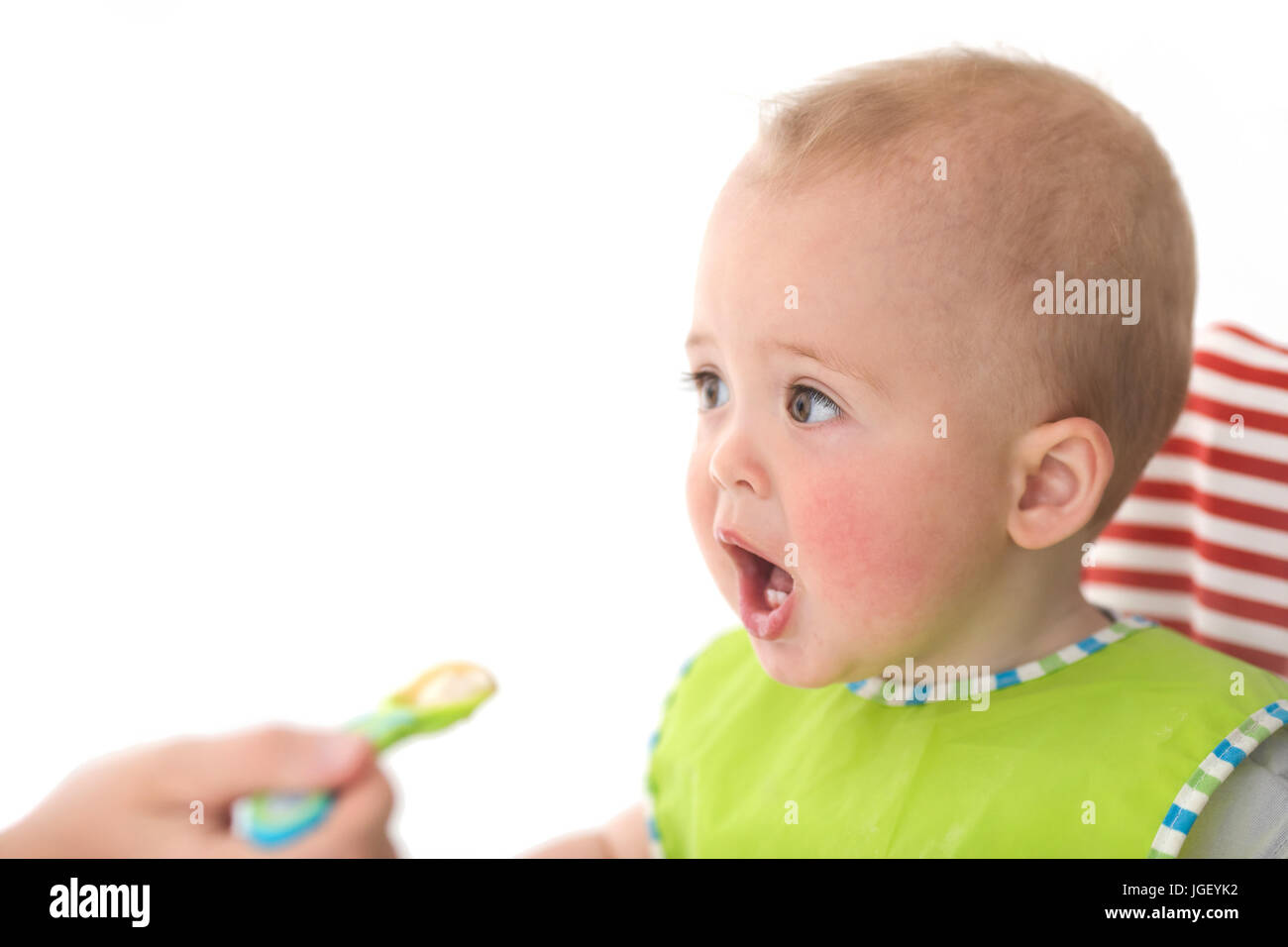 Parent feeding infant child on a white background Stock Photo