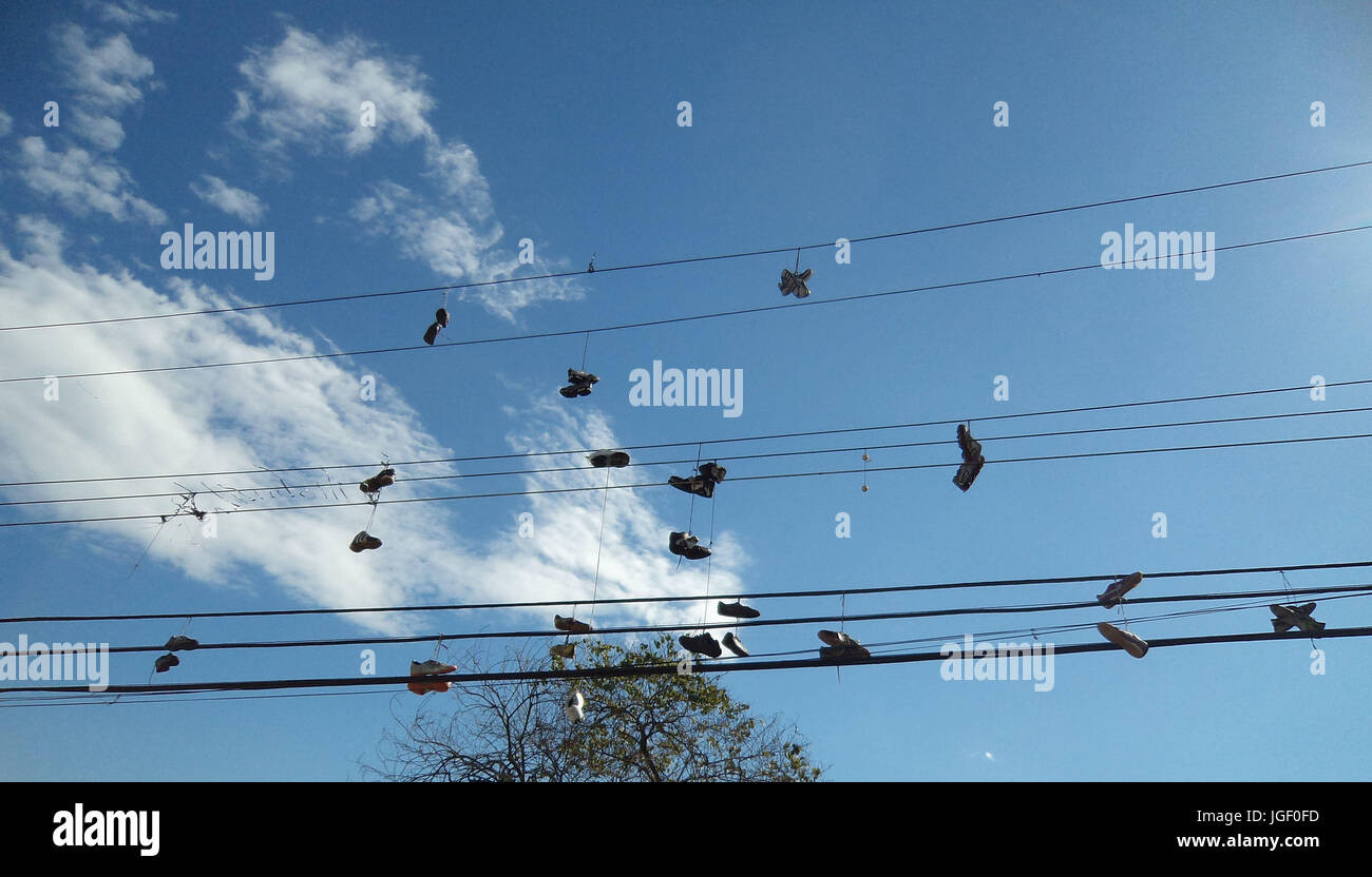 Tennis, Boot, hanging wire, Capital, America park, São Paulo, Brazil. Stock Photo