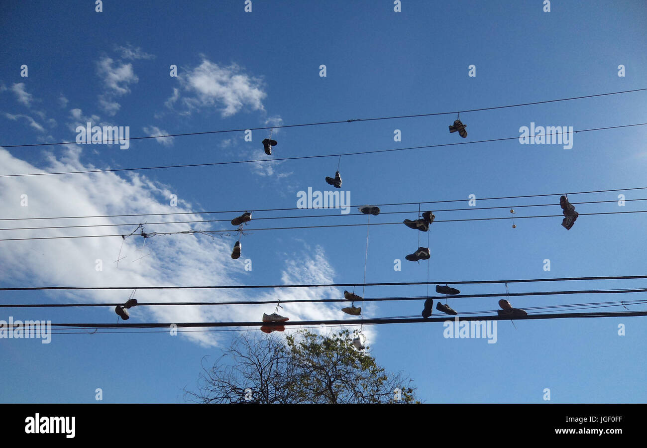 Tennis, Boot, hanging wire, Capital, America park, São Paulo, Brazil. Stock Photo