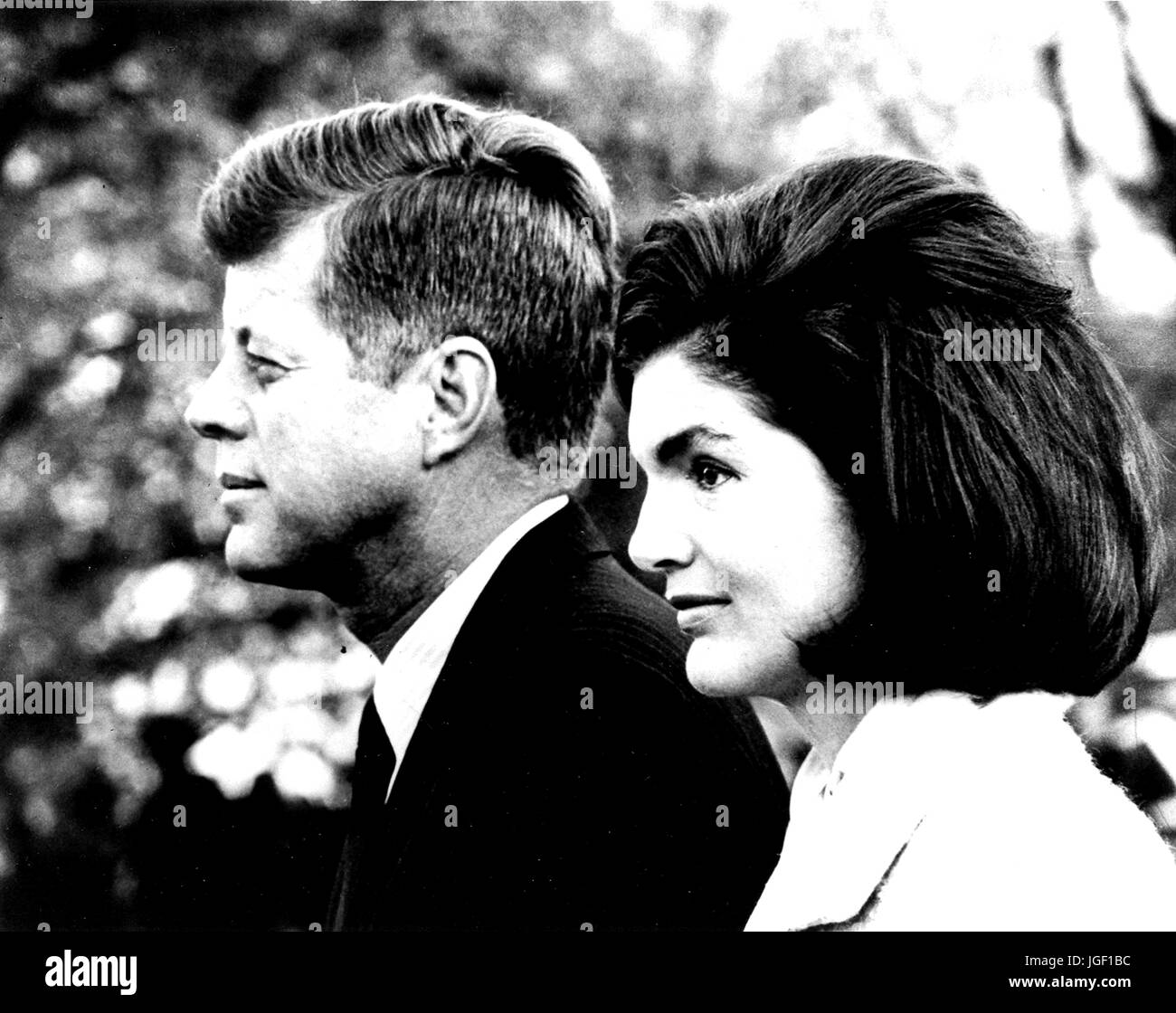 John F Kennedy and Jacqueline Kennedy, portrait from side, with both looking ahead, 1961. Courtesy Abbie Rowe/National Parks Service. Stock Photo