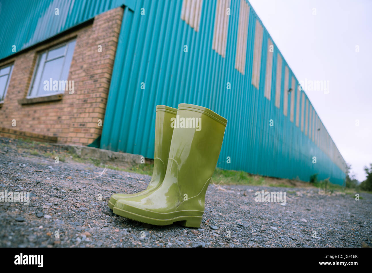 Pair of green wellington boot on dirt track Stock Photo - Alamy