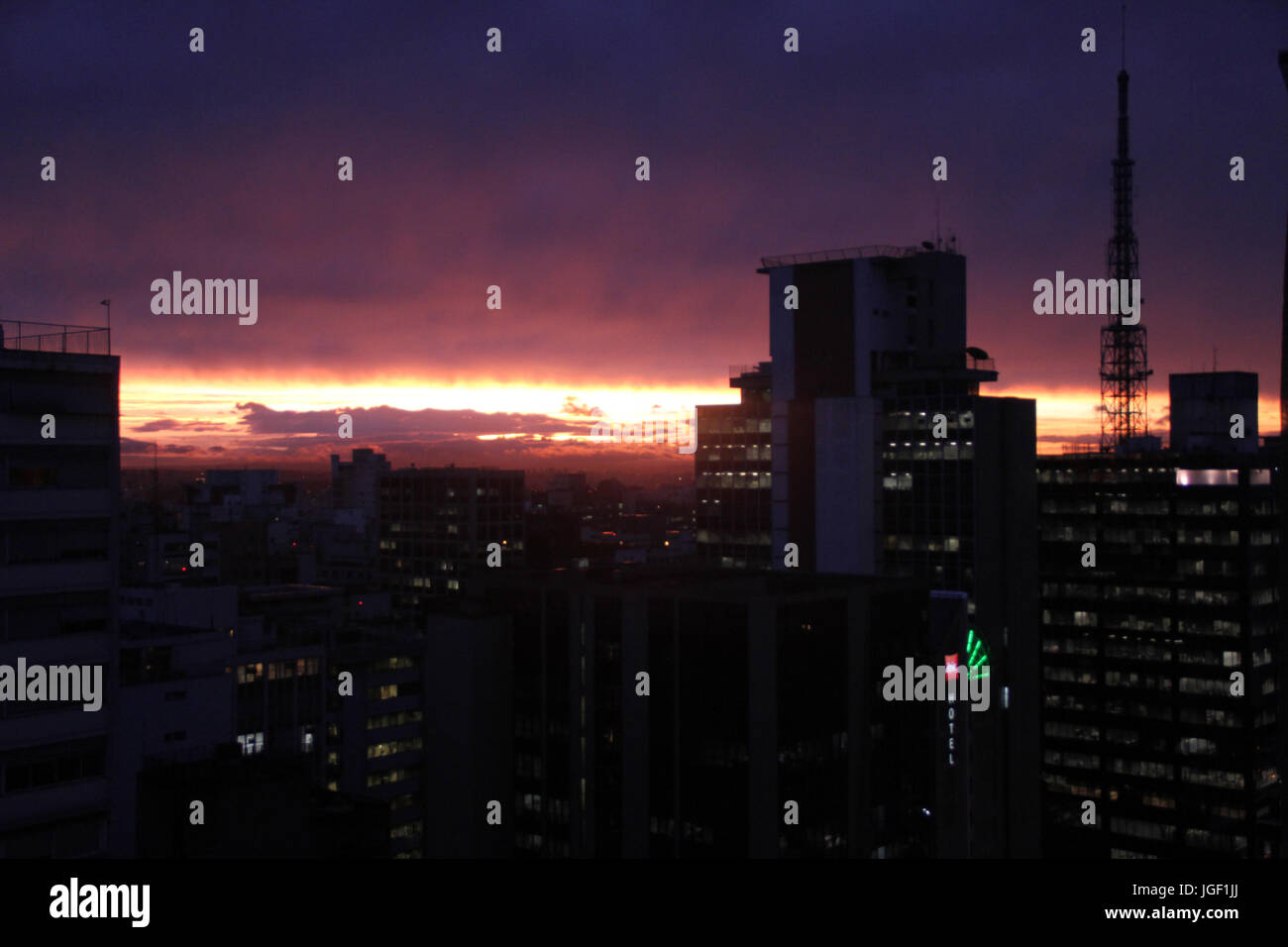 sunset, dark clouds, 2012, Capital, Center, São Paulo, Brazil. Stock Photo