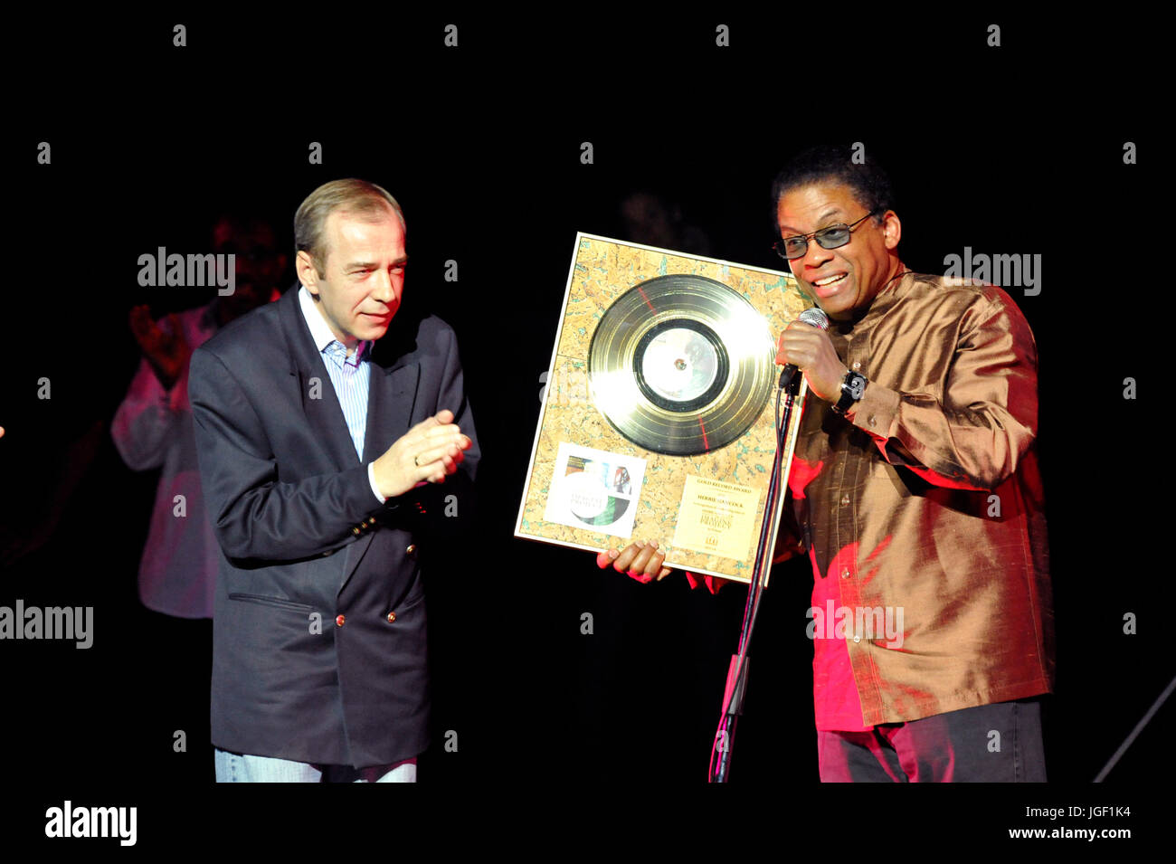 Herbie Hancock presented with Gold Record Award by Kazimierz Pułaski of Sony Music Poland