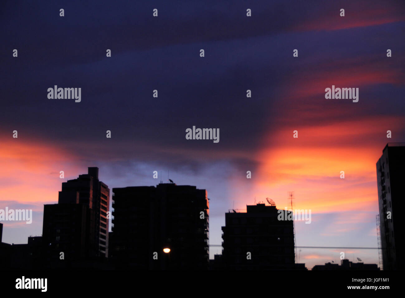 night, red sky, dark clouds, 2014, Praia Grande, Coast Paulista, São Paulo, Brazil. Stock Photo