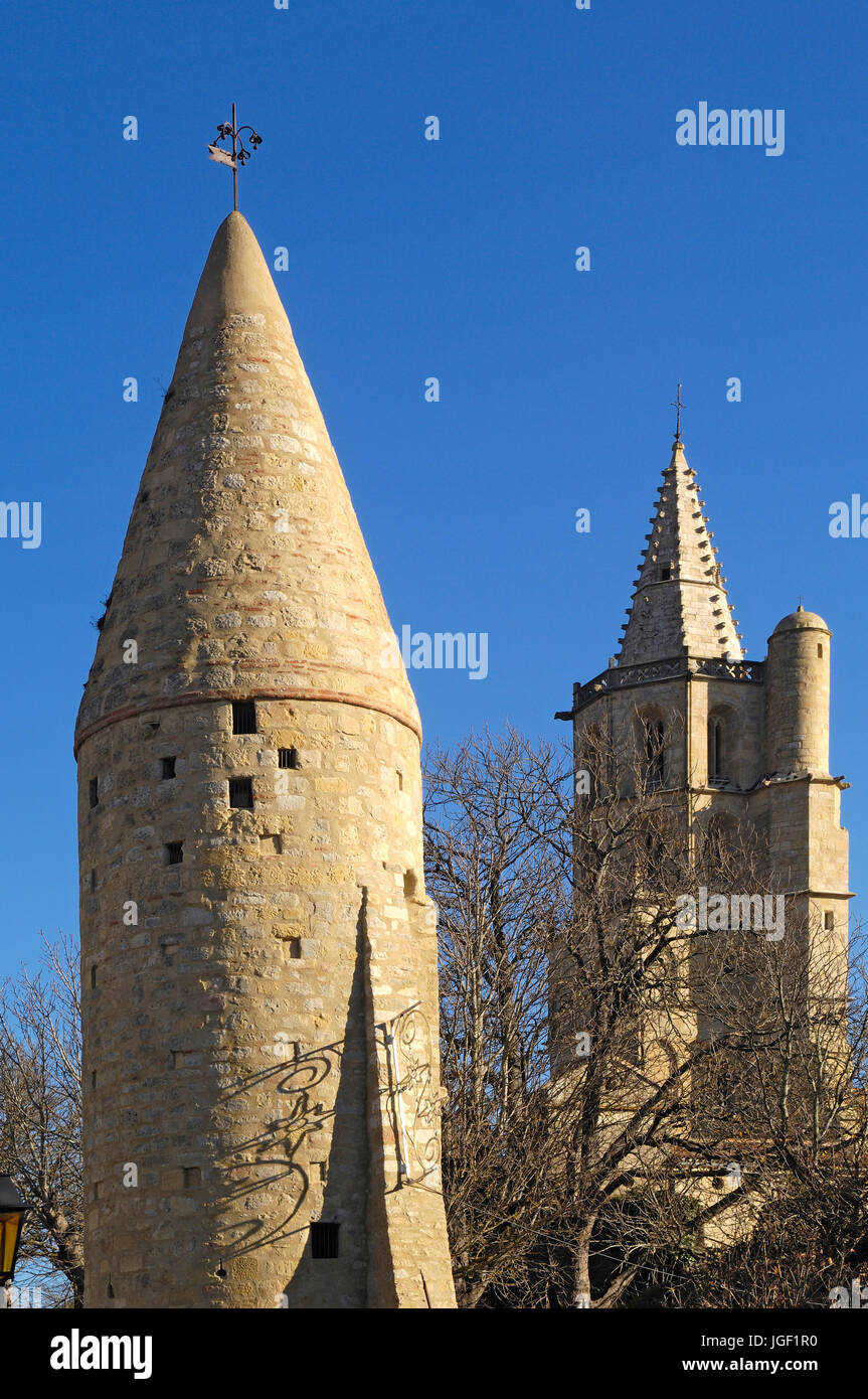 Pepper-pot tower, and Notredame des Miracle church , Avignonet-Lauragais, Haute-Garonne , France Stock Photo