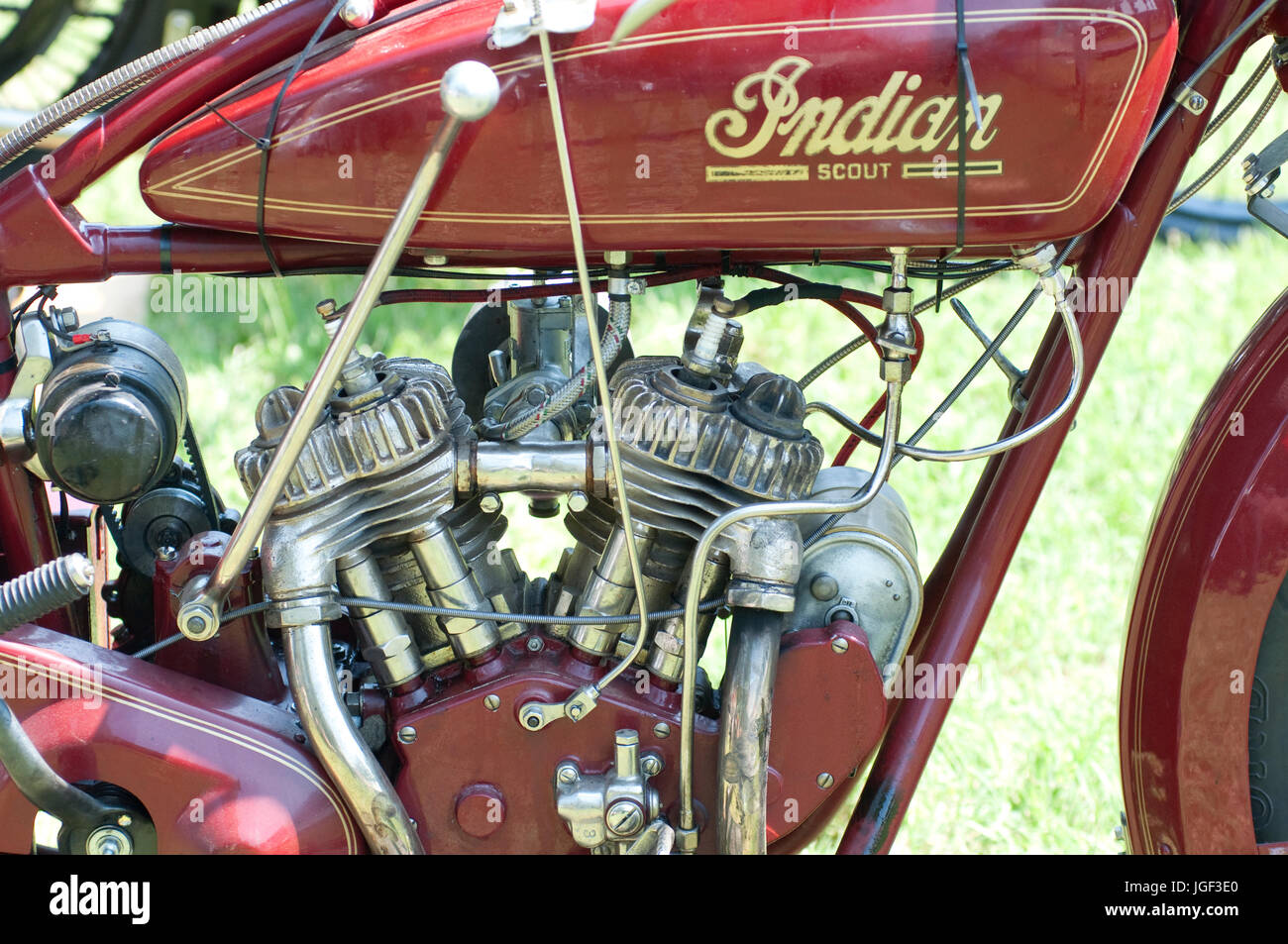 1922 Indian Scout Motorcycle. Classic American Motorcycle, Engine Stock