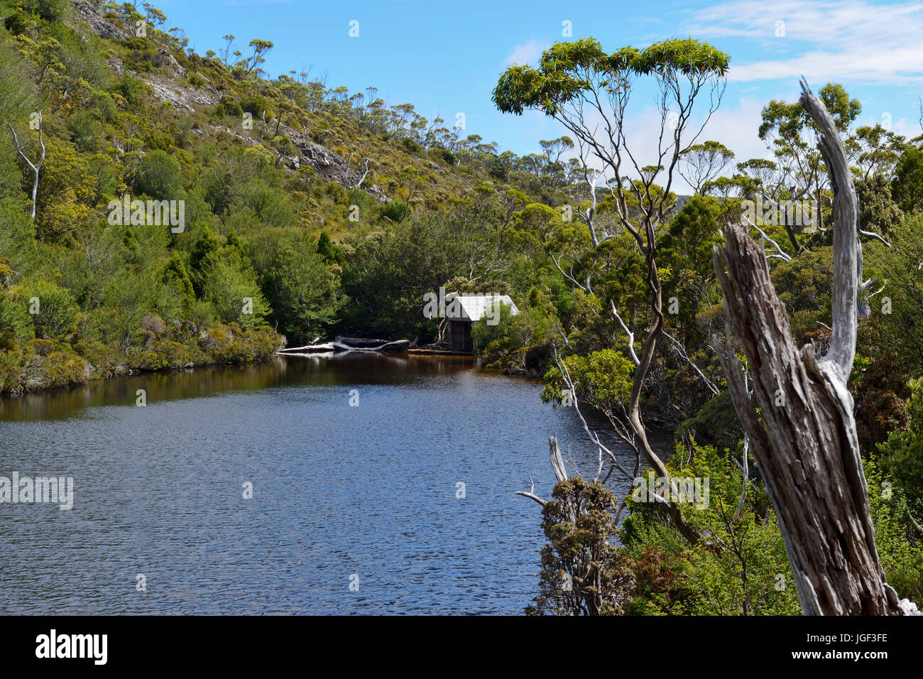 Boat house on Crater Lake, Cradle Mountain-Lake St Clair National Park, Tasmania, Australia Stock Photo