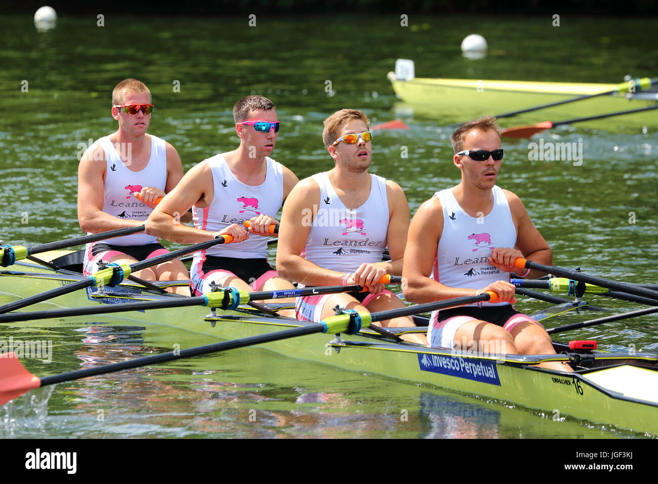 The Leander Club A and B coxless four set off on the final day of Henley Royal Regatta 2017 in the Prince of Wales Challenge Cup Stock Photo