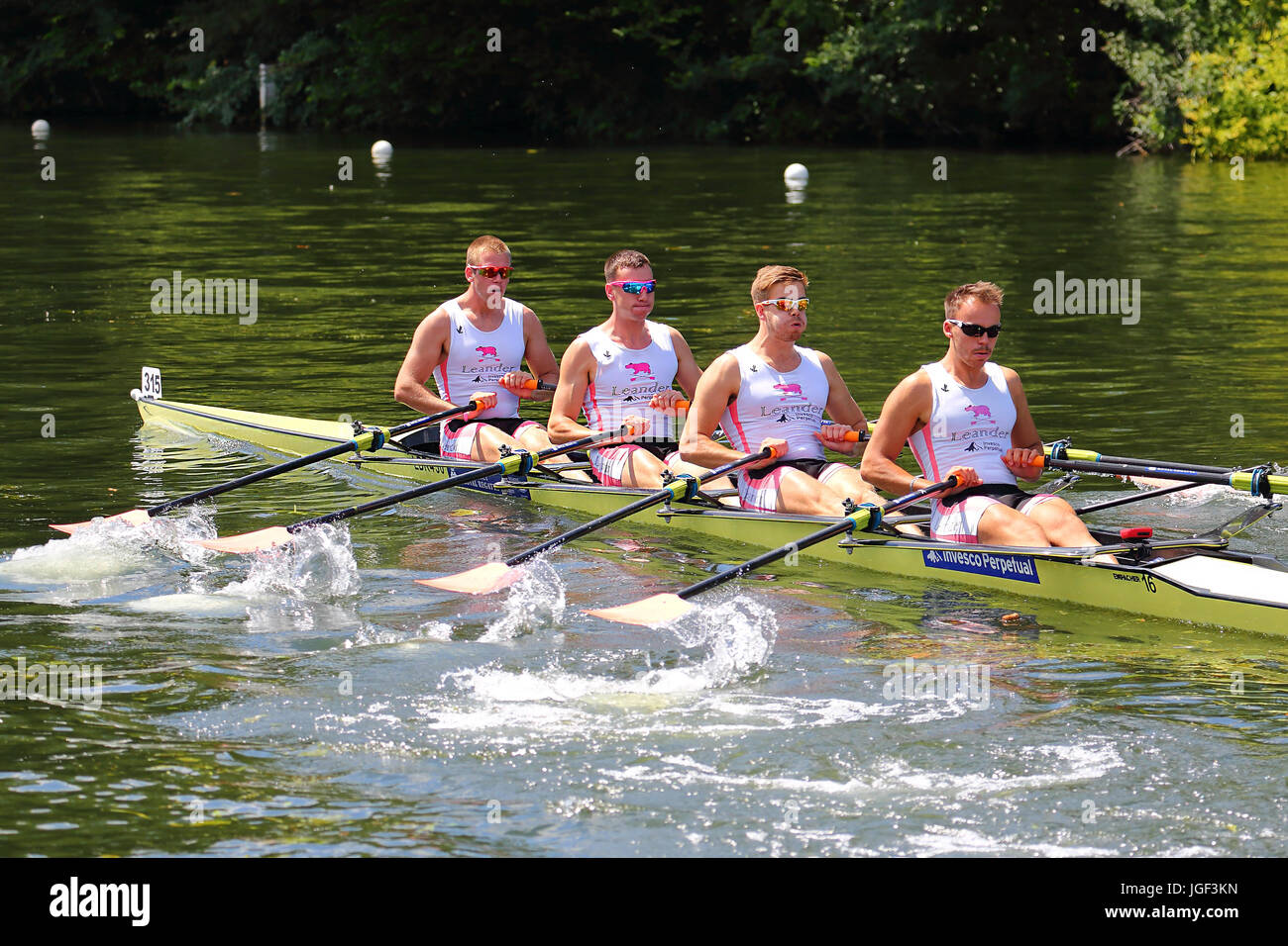 The Leander Club A and B coxless four set off on the final day of Henley Royal Regatta 2017 in the Prince of Wales Challenge Cup. Leander Club A won. Stock Photo