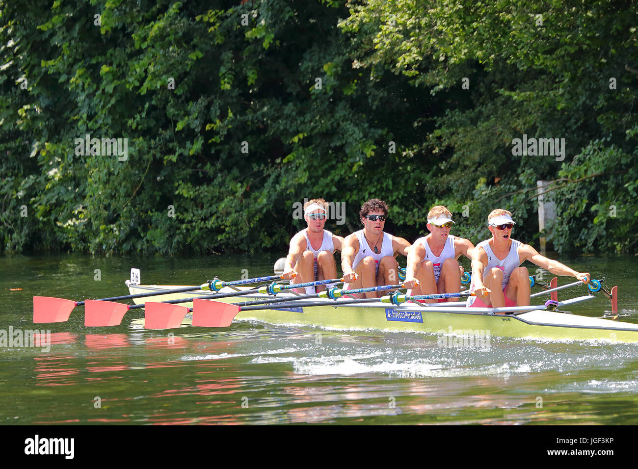 The Leander Club coxless four set off on the final day of Henley Royal Regatta 2017 Stock Photo