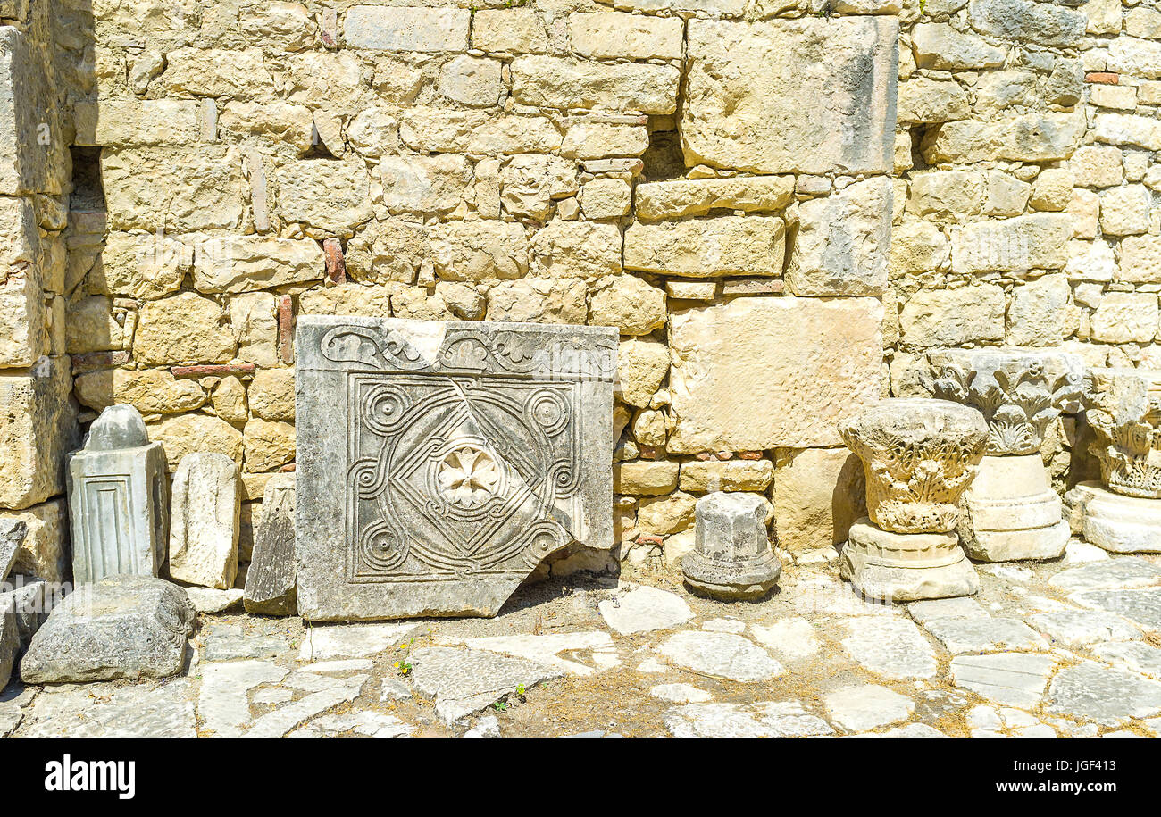The ruined elemets of decoration of St Nichols Church located on its courtyard, Demre, Turkey. Stock Photo