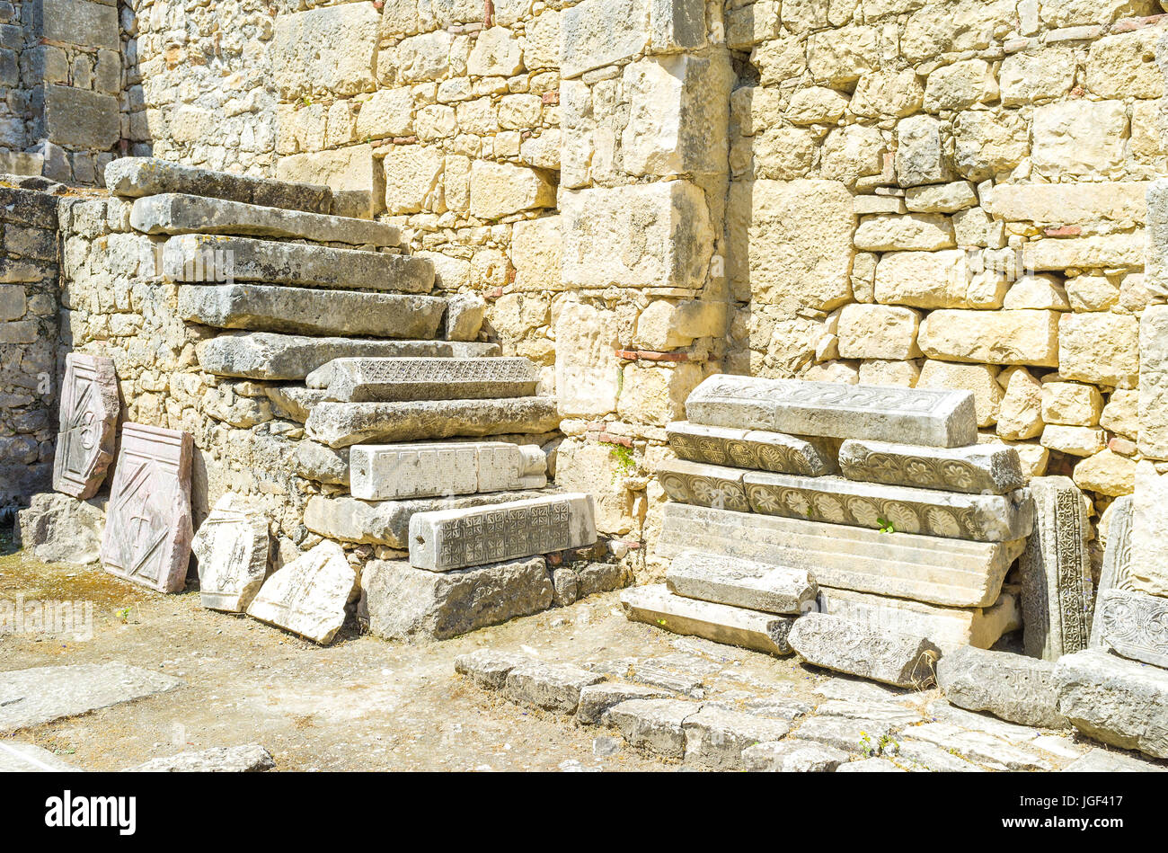 The courtyard of St Nicholas Church nowadays is a storage of ruined elements of church decoration, Demre, Turkey. Stock Photo