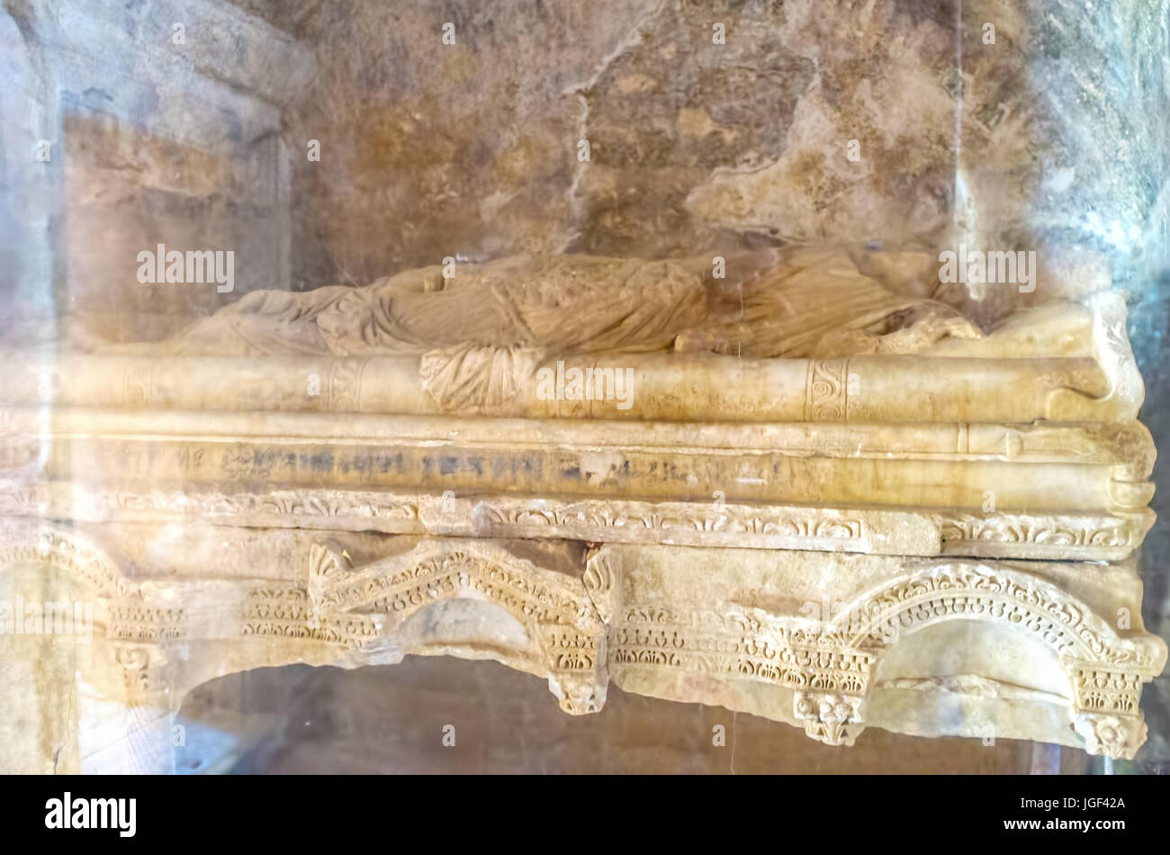 DEMRE, TURKEY - MAY 7, 2017: The ruins of sarcophagus of first burial ...
