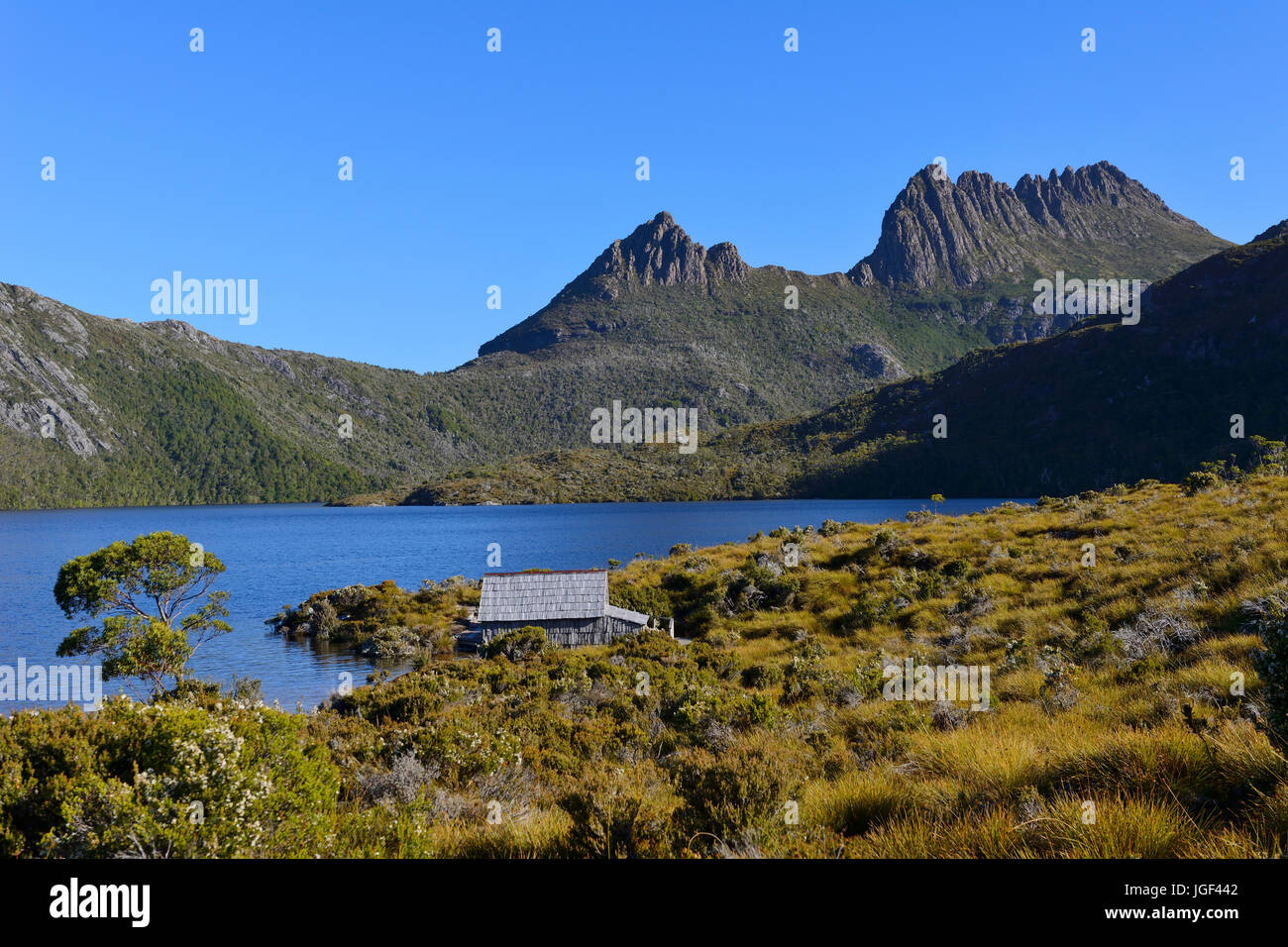Boat house on Dove Lake, Cradle Mountain-Lake St Clair National Park, Tasmania, Australia Stock Photo