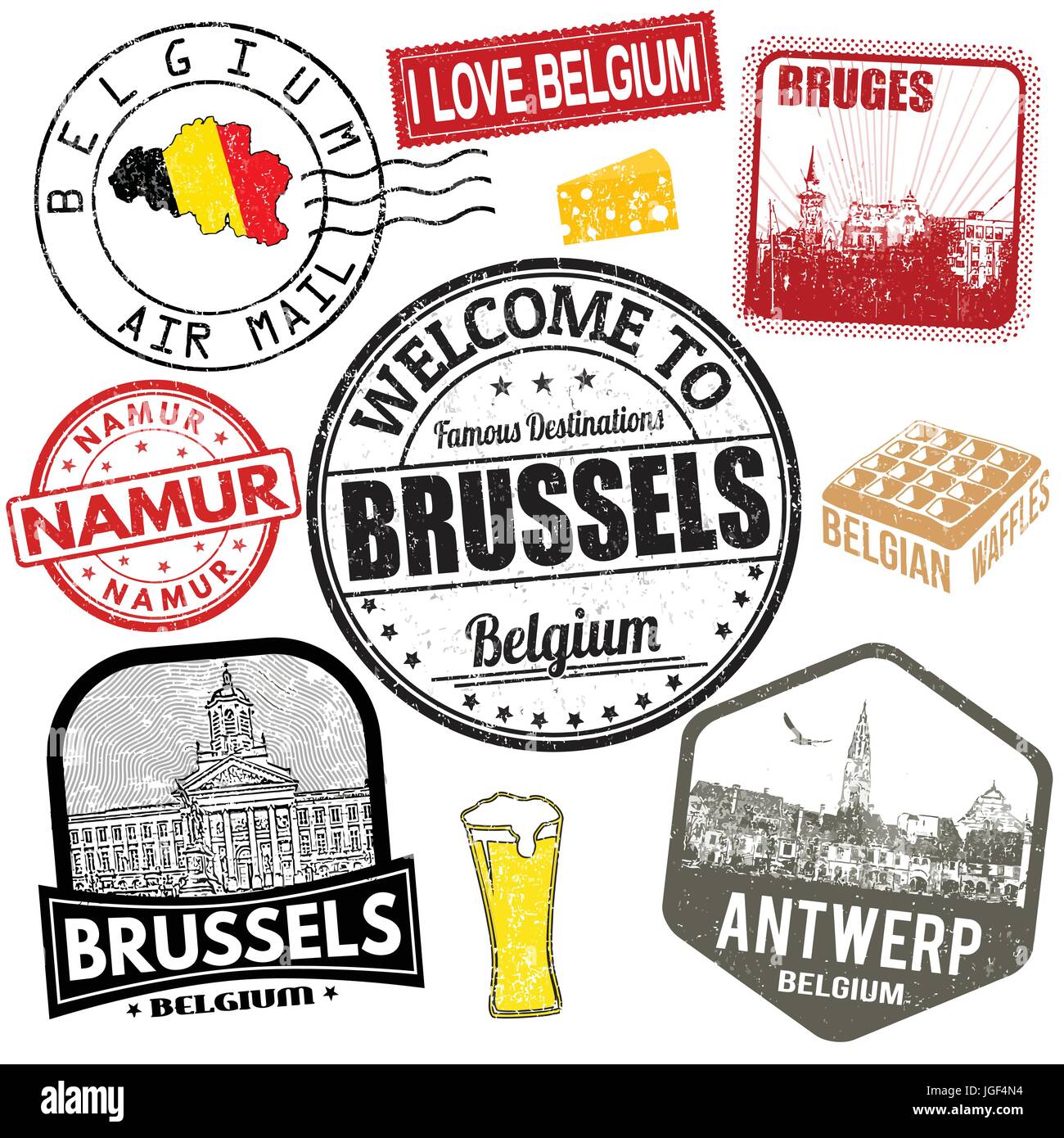 Set of travel grunge stamps with Belgium on white background, vector illustration Stock Vector