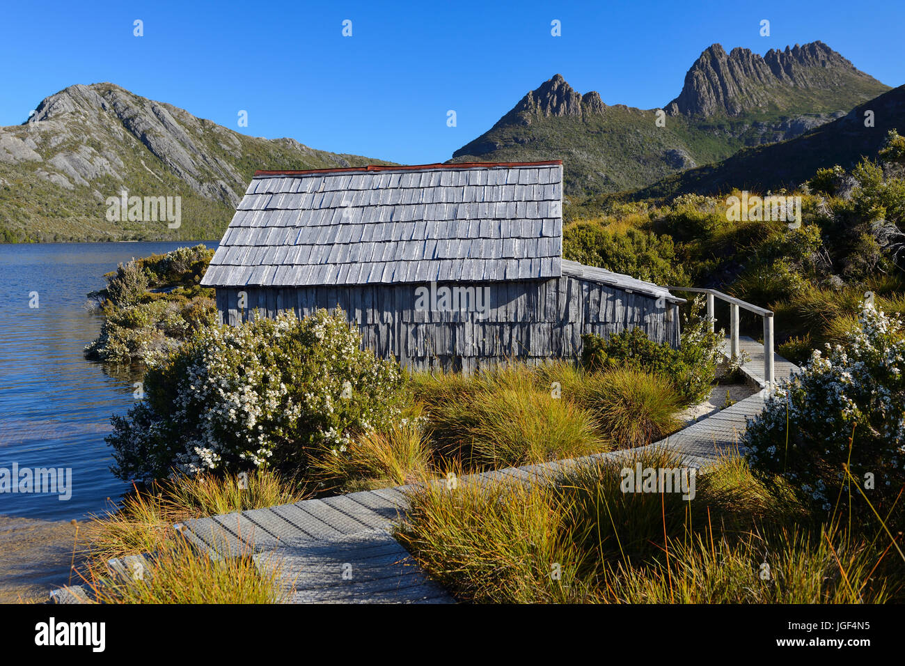 Boat house on Dove Lake, Cradle Mountain-Lake St Clair National Park, Tasmania, Australia Stock Photo