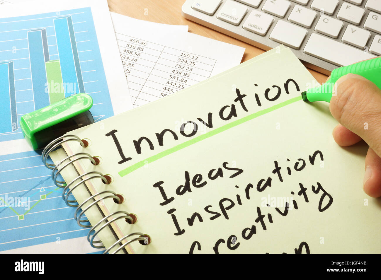 Innovation with list written in a note. Stock Photo