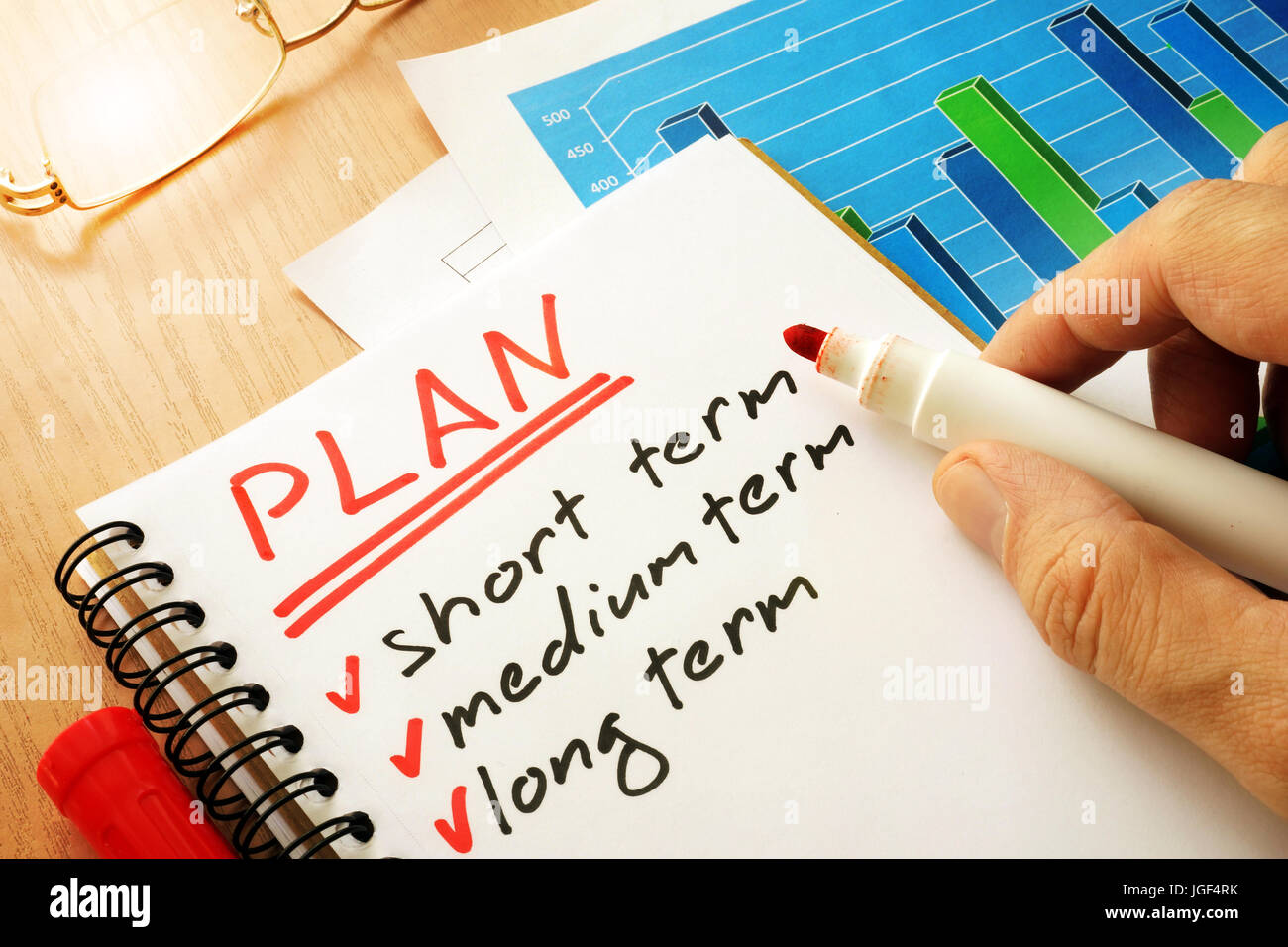 Plan with list short, medium and long term. Stock Photo