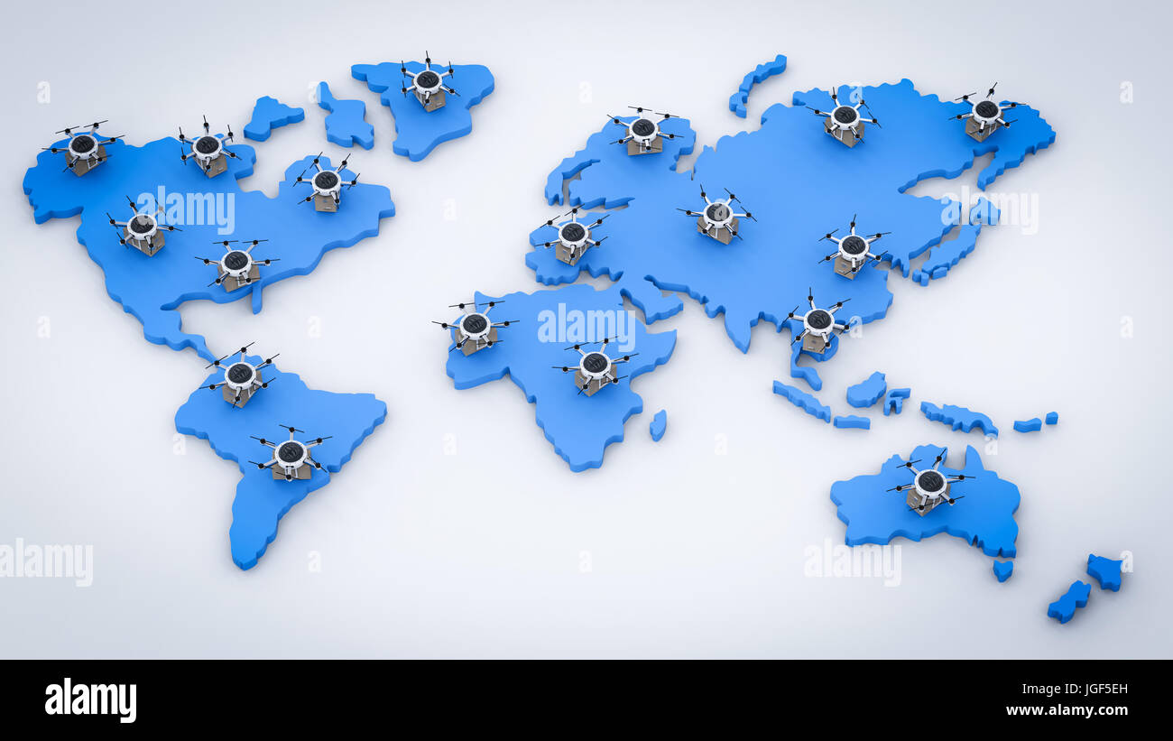 3d rendering delivery drones on world map Stock Photo