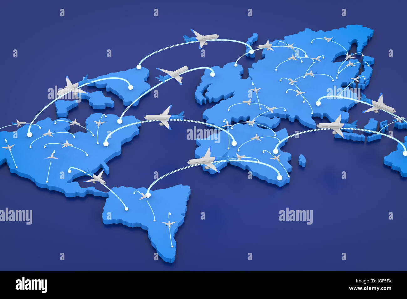 Plane Routes Around The World 3D Rendering Flight Route With World Map Stock Photo - Alamy