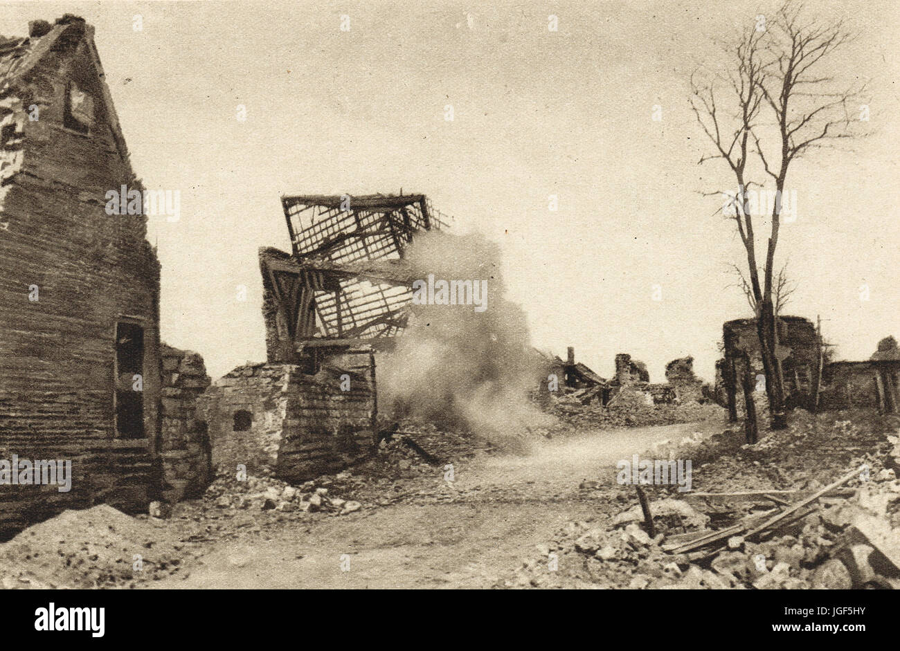 WW1 1917 German photo postcard, shell exploding in village WW1 1917 German photo postcard, shell exploding in village