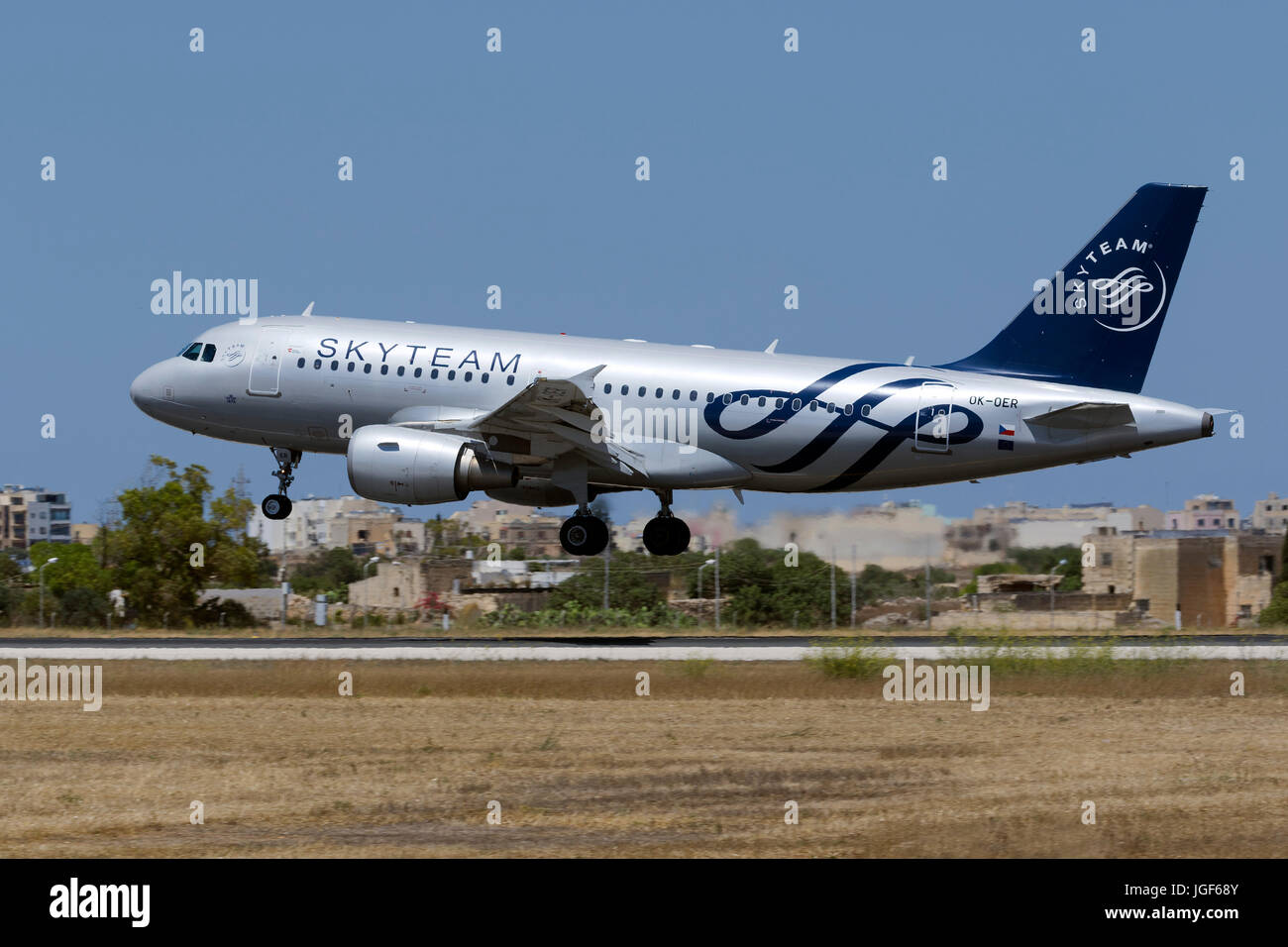 Luqa, Malta - July 6, 2017: CSA - Czech Airlines Airbus A319-112 [OK-OER] in SkyTeam livery arriving on a hot afternoon from Prague. Stock Photo