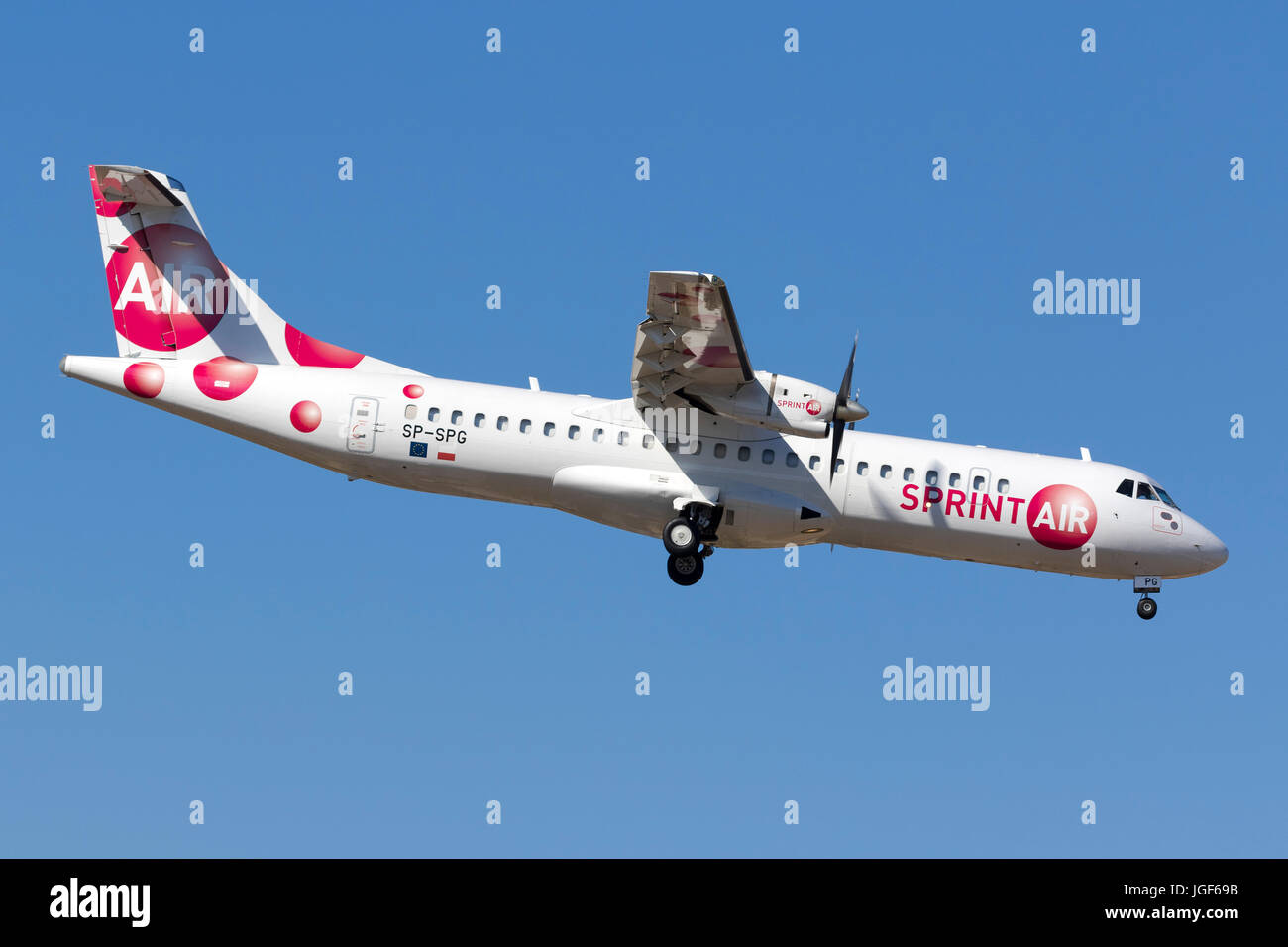 Luqa, Malta - July 6, 2017: SprintAir ATR 72-202 [SP-SPG] arriving on a cargo flight from Cologne Bonn Airport. Stock Photo