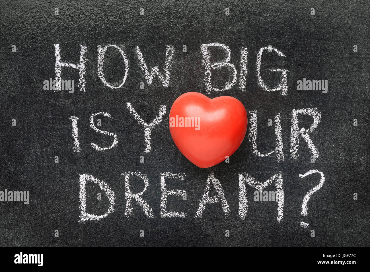 how big is your dream question handwritten on blackboard with heart symbol instead of O Stock Photo