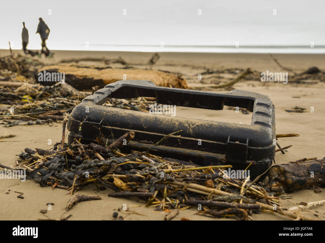 Debris and detritus left on Welsh beach following strong winds and severe weather conditions. UK. Stock Photo
