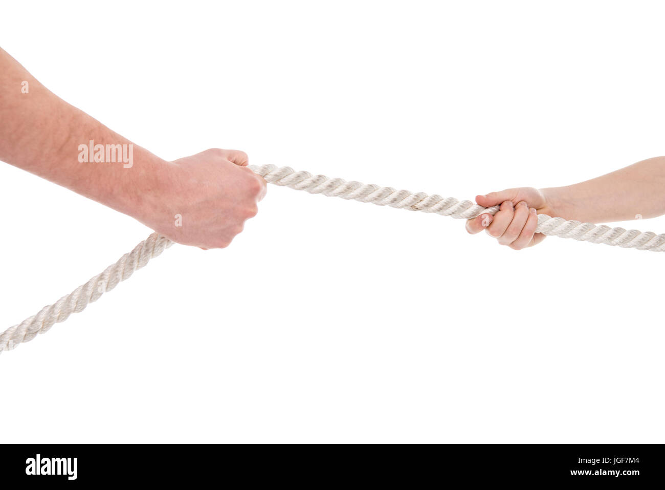 Close-up partial view of father and son pulling rope, family problems ...