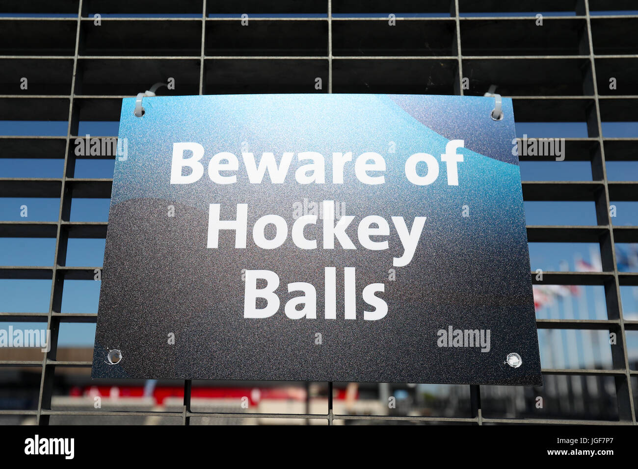 Beware of Hockey Balls signage at Lee Valley Hockey Centre Stock Photo
