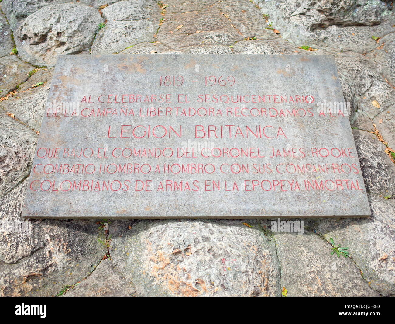 A plaque dedicted to the British Legion who helped Simin Bolivar's army win independence for Colombia at the Puente de Boyaca, the site of the famous  Stock Photo