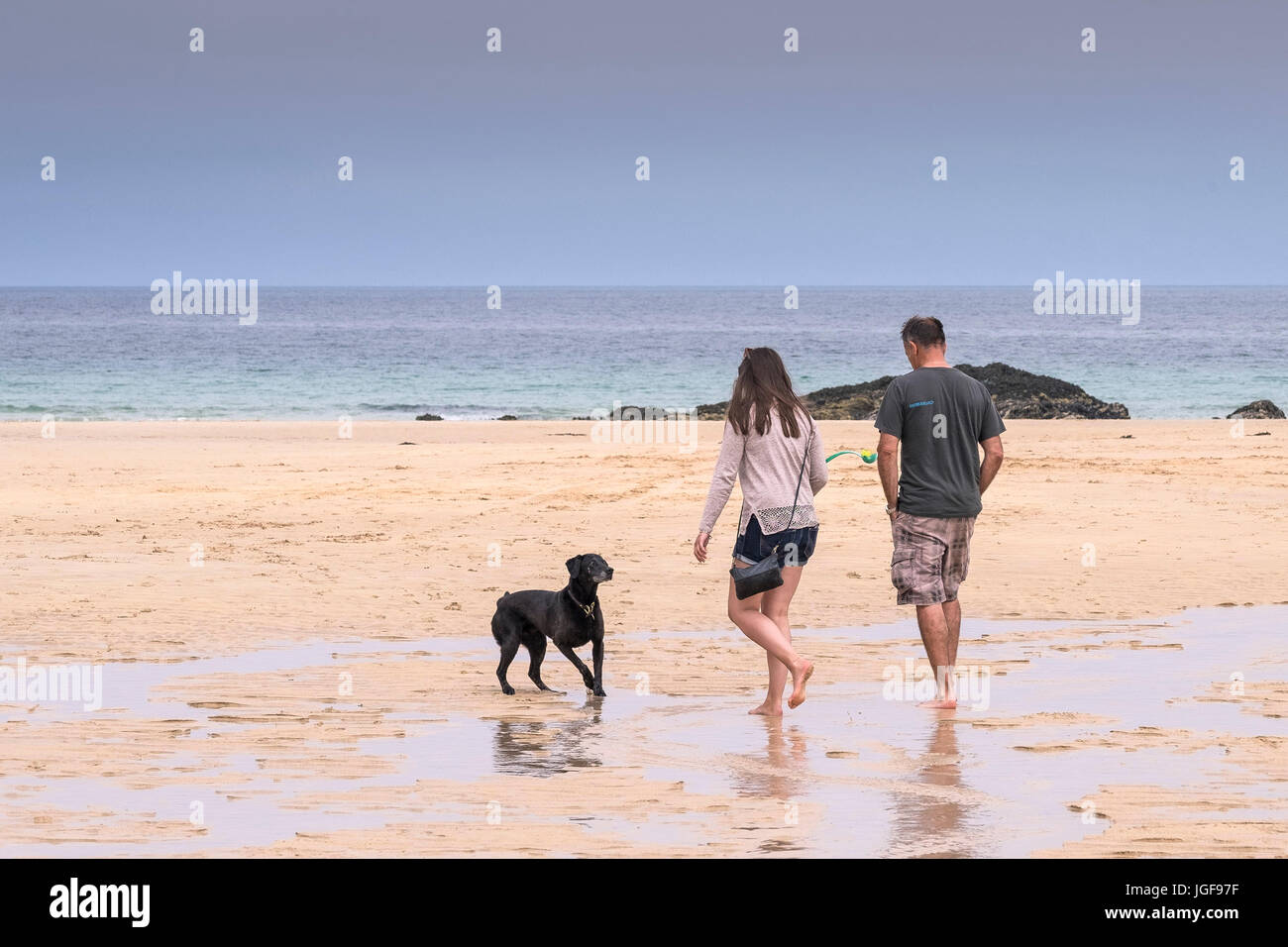 People on a beach.  Holidaymakers and their dog walking along the beach at Harlyn Bay in Cornwall. Stock Photo