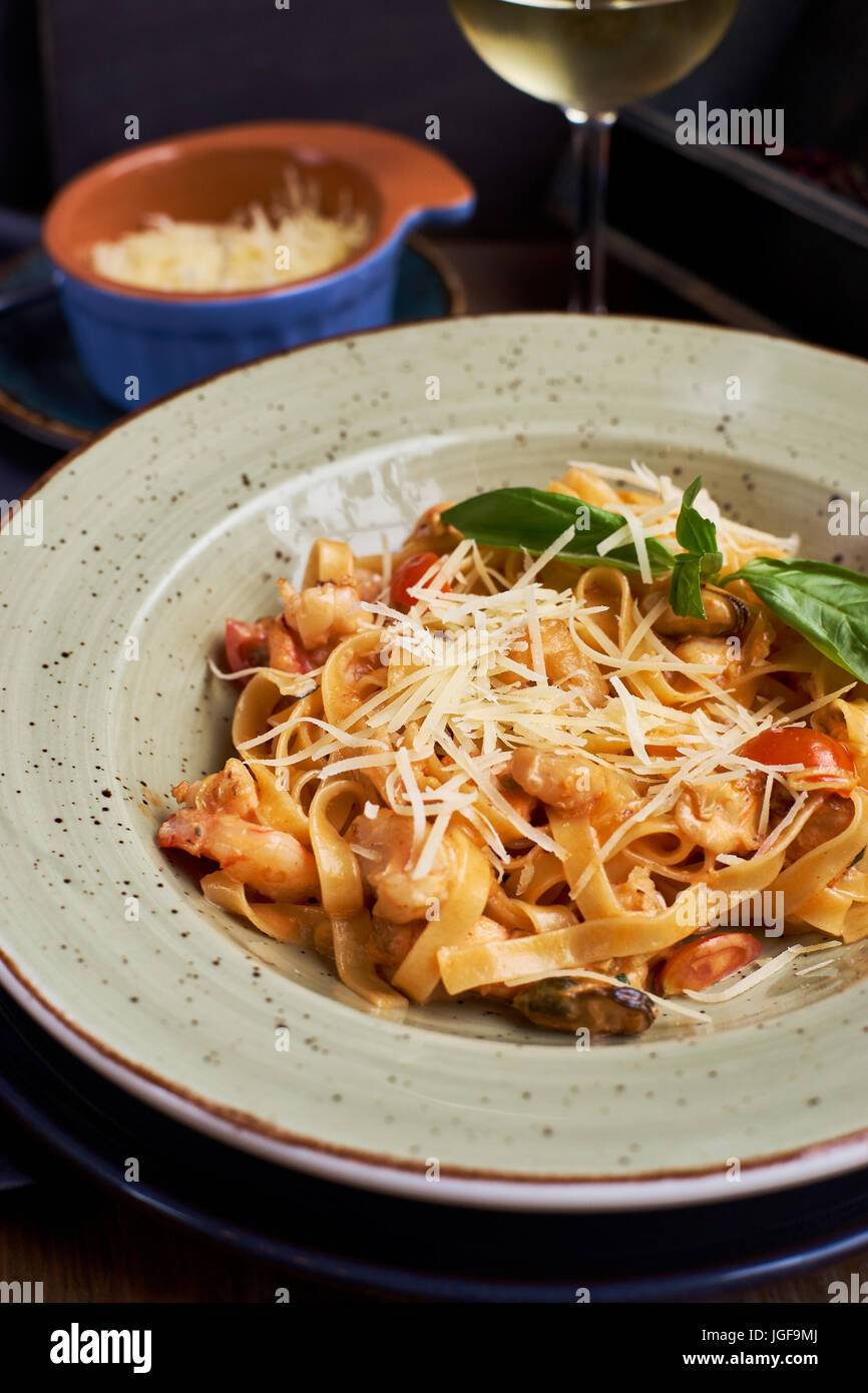 Tagliatelle with prawns and spices Stock Photo