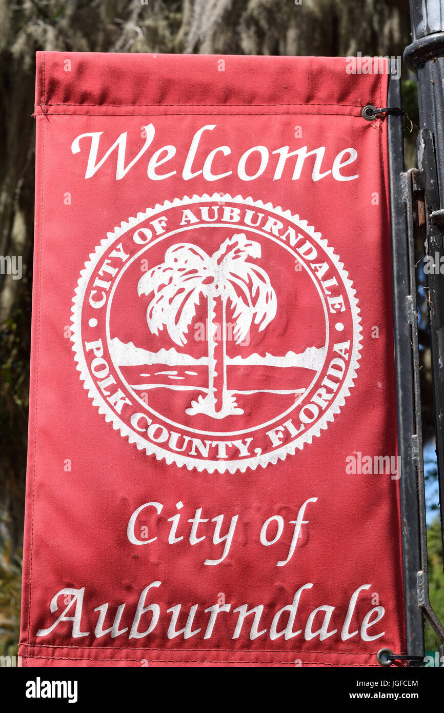 red city of Auburndale banner in downtown Auburndale, FL Stock Photo