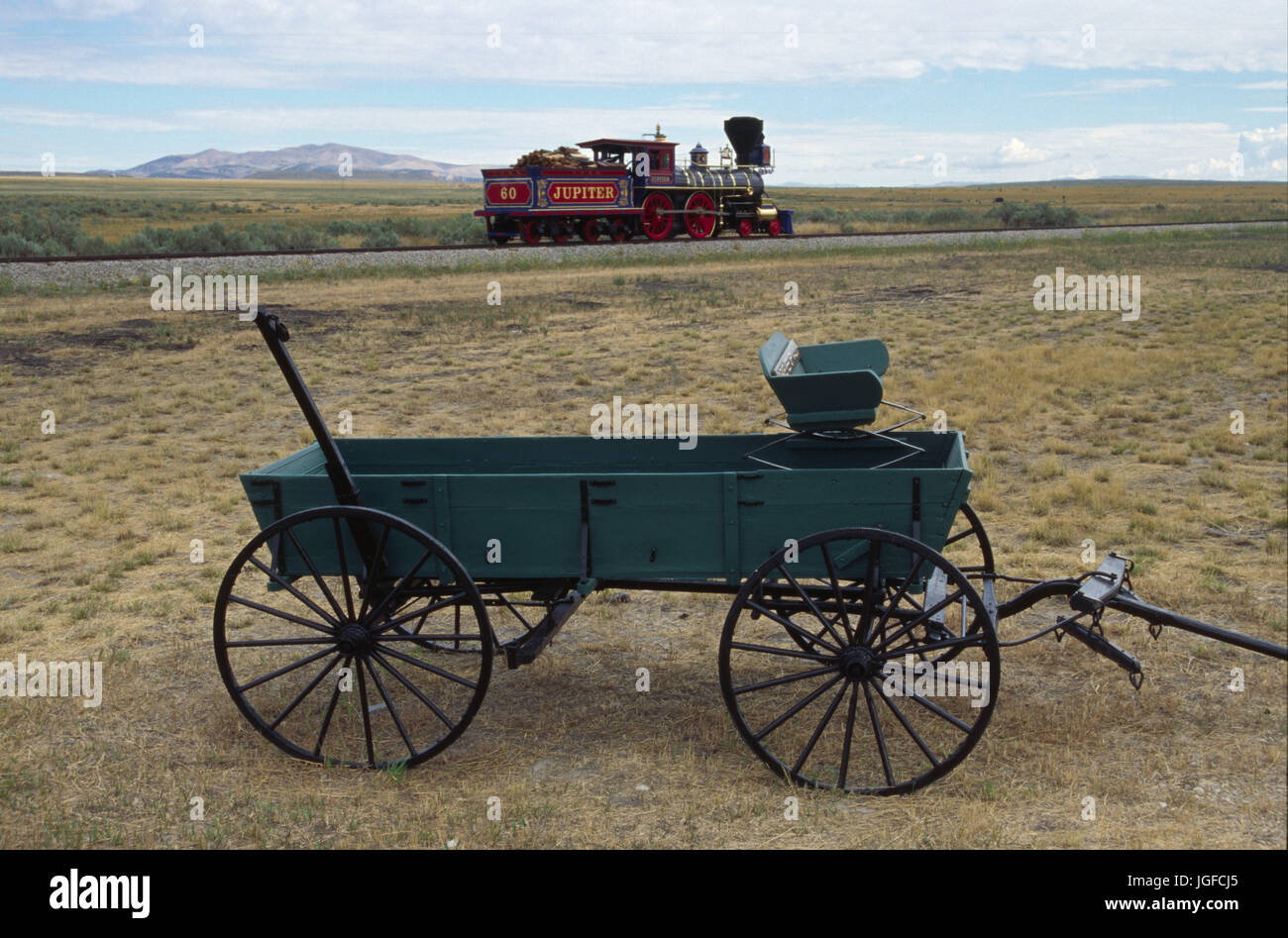 Steam engine Jupiter with wagon, Golden Spike National Historic Site, Utah Stock Photo