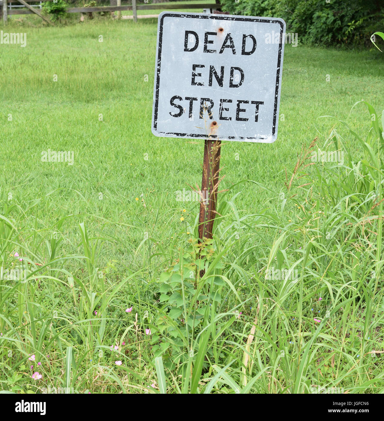 Unique dead end street sign in a field Stock Photo