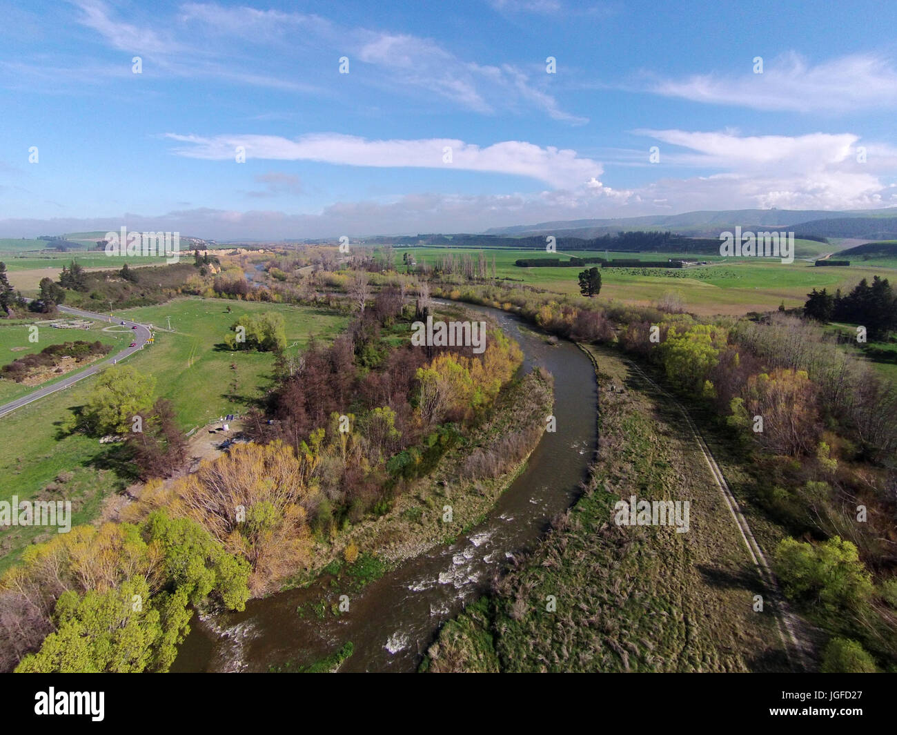 Opuha River, between Geraldine and Fairlie, South Canterbury, South Island, New Zealand - drone aerial Stock Photo