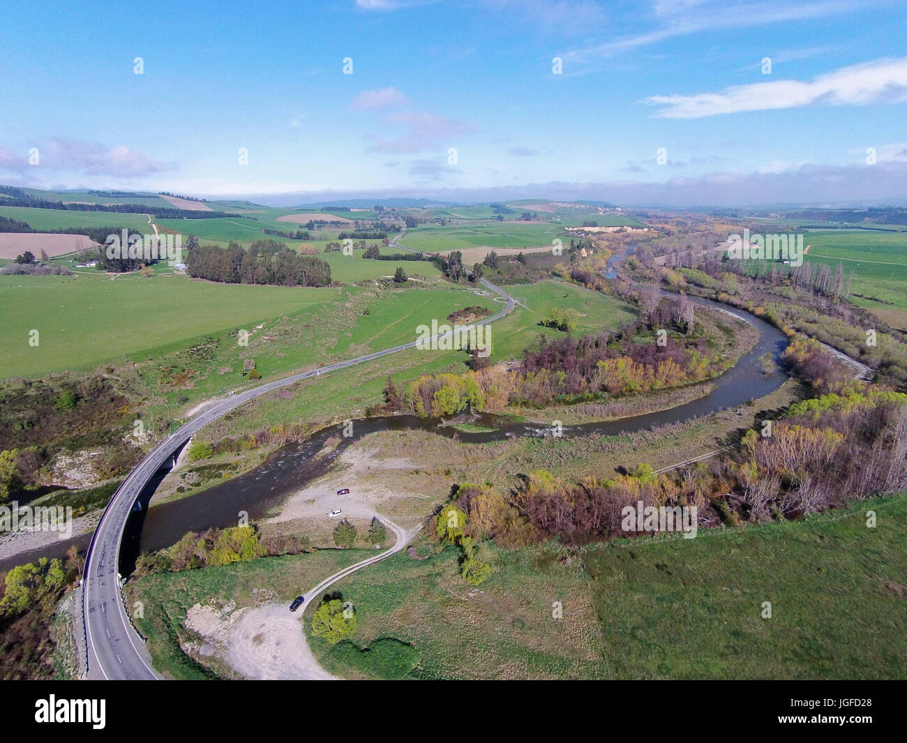 Curved bridge over Opuha River, between Geraldine and Fairlie, South  Canterbury, South Island, New Zealand - drone aerial Stock Photo - Alamy