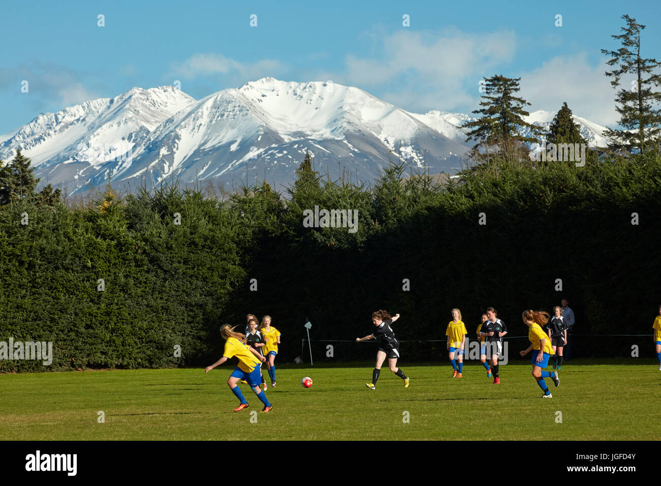 Girls football tournament, Methven, and Mount Hutt, Mid Canterbury, South Island, New Zealand Stock Photo