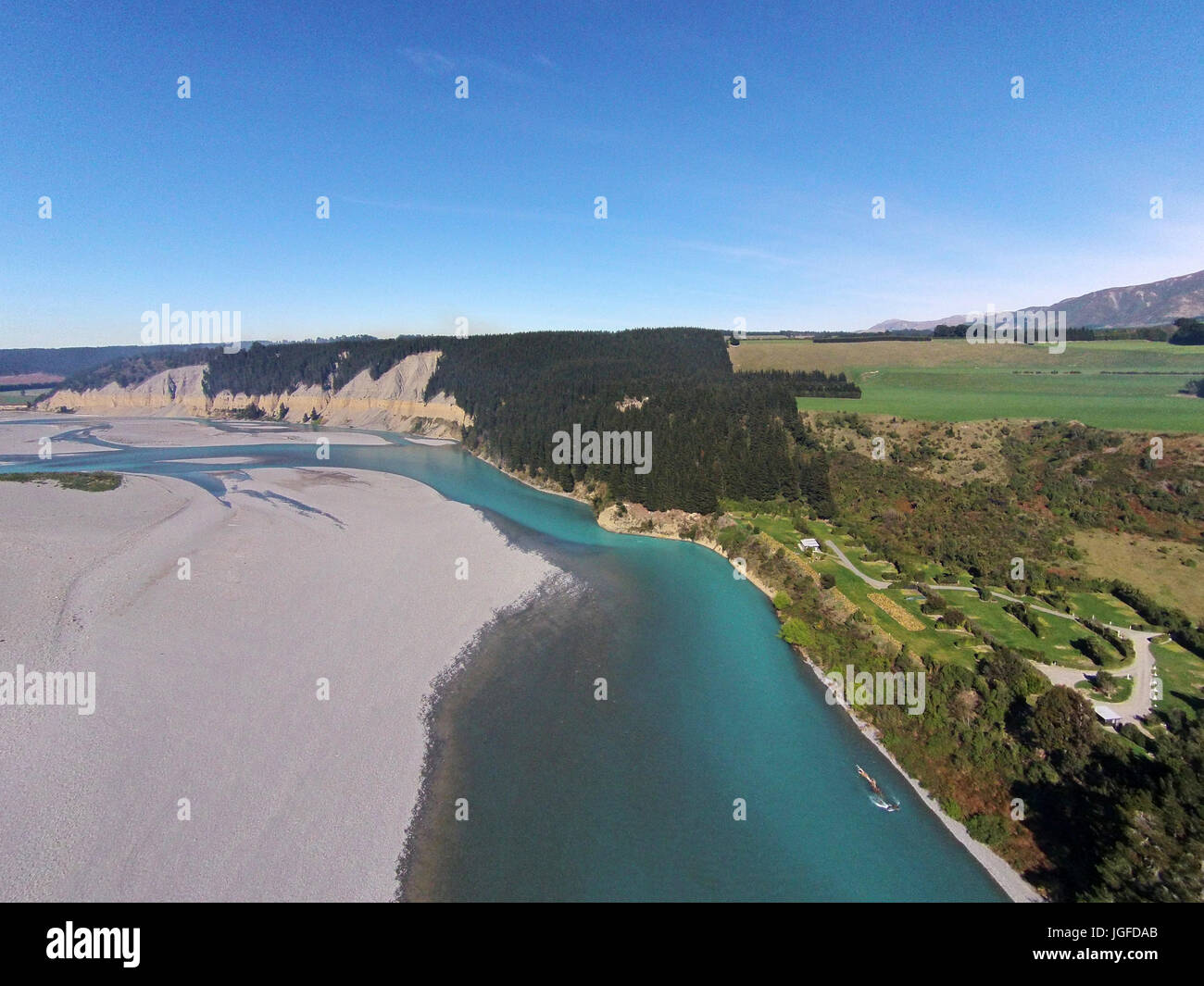 Rakaia River, just below Rakaia Gorge, Canterbury, South Island, New Zealand - drone aerial Stock Photo