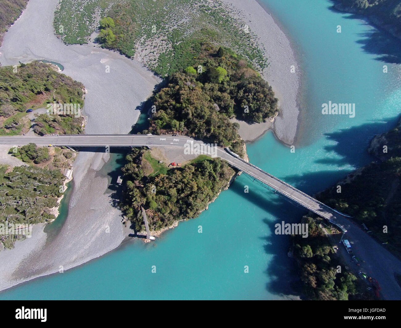 Rakaia Gorge Bridge (1882), Rakaia River, and Rakaia Gorge, Canterbury, South Island, New Zealand - drone aerial Stock Photo
