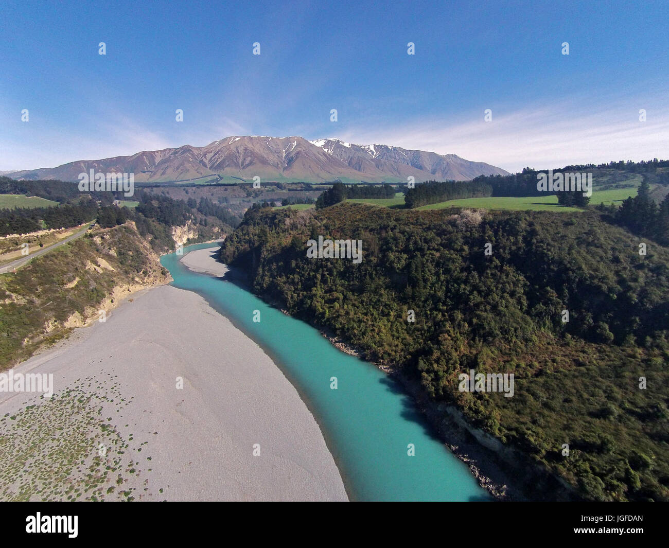 Mount Hutt Range, Rakaia River, and Rakaia Gorge, Canterbury, South Island, New Zealand - drone aerial Stock Photo