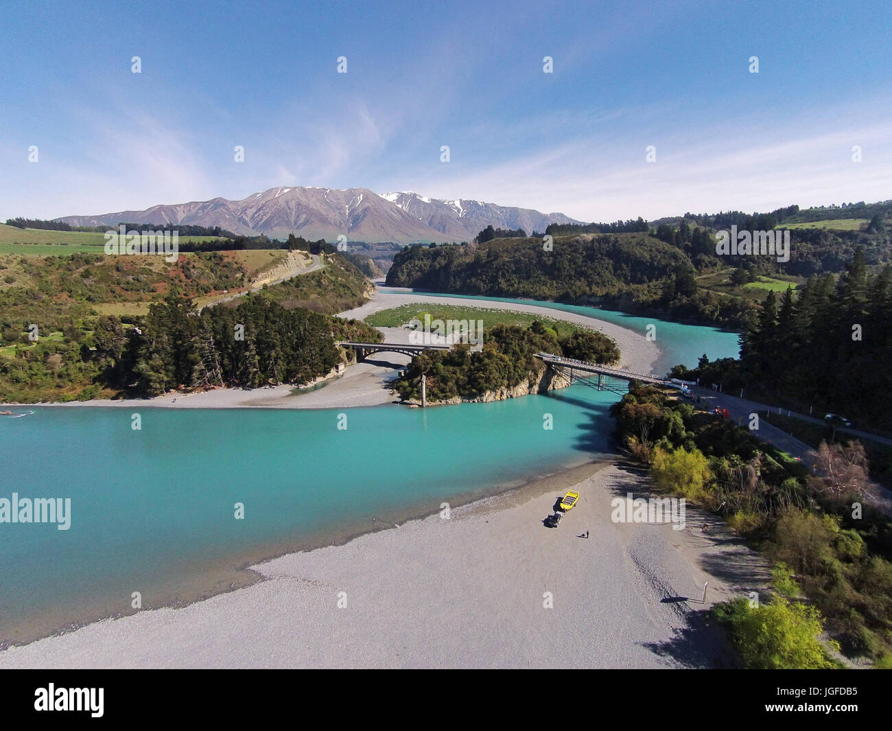 Mount Hutt Range, Rakaia Gorge Bridge (1882), Rakaia River, and Rakaia Gorge, Canterbury, South Island, New Zealand - drone aerial Stock Photo