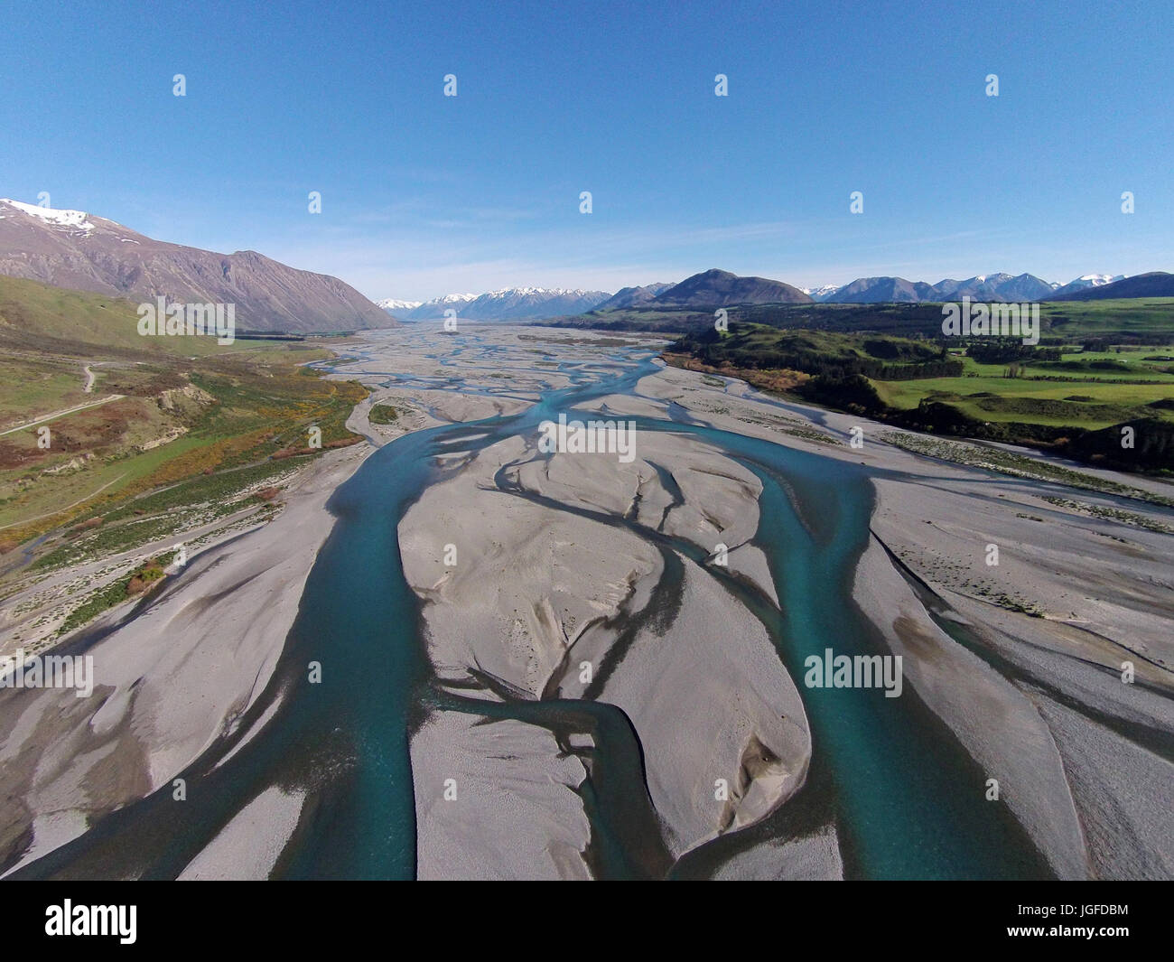 Braided streams of the Rakaia River, Canterbury, South Island, New Zealand - drone aerial Stock Photo