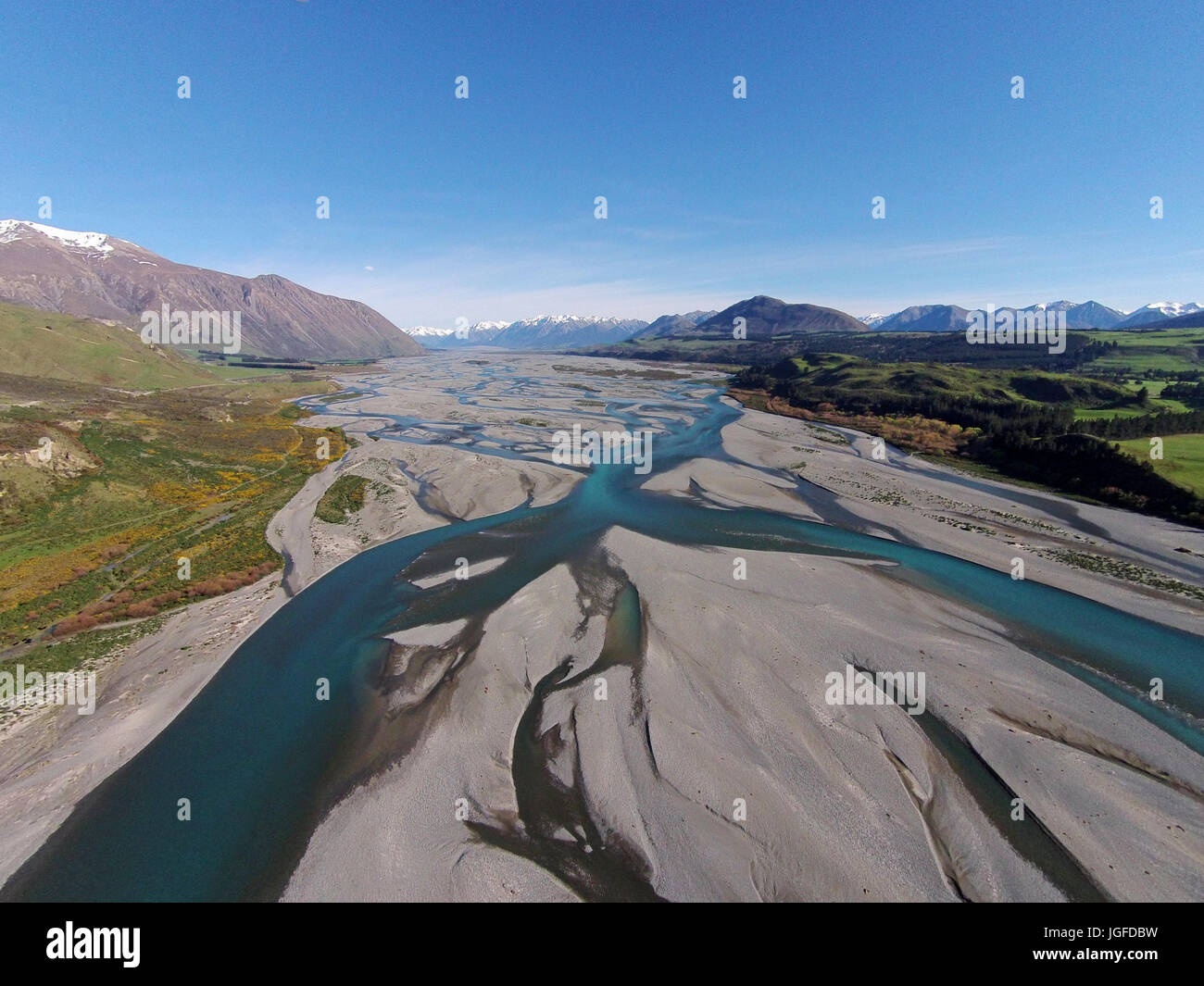 Braided streams of the Rakaia River, Canterbury, South Island, New Zealand - drone aerial Stock Photo