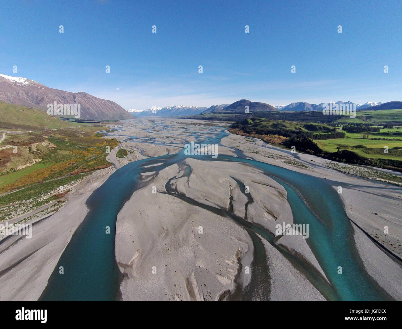 Braided streams of the Rakaia River, Canterbury, South Island, New Zealand - drone aerial Stock Photo