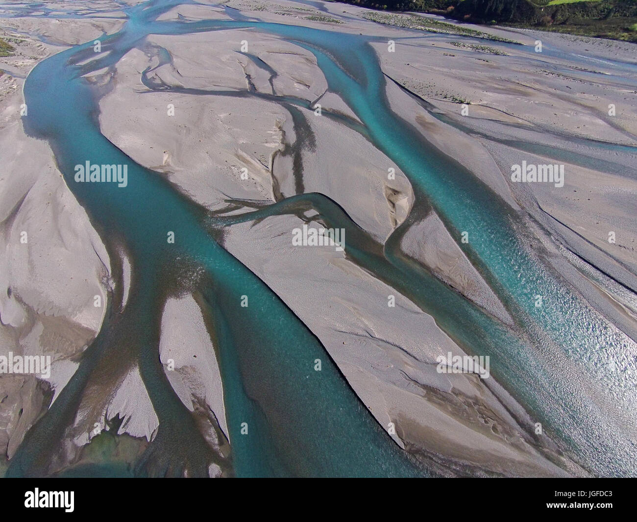 Braided streams of the Rakaia River, Canterbury, South Island, New Zealand - drone aerial Stock Photo