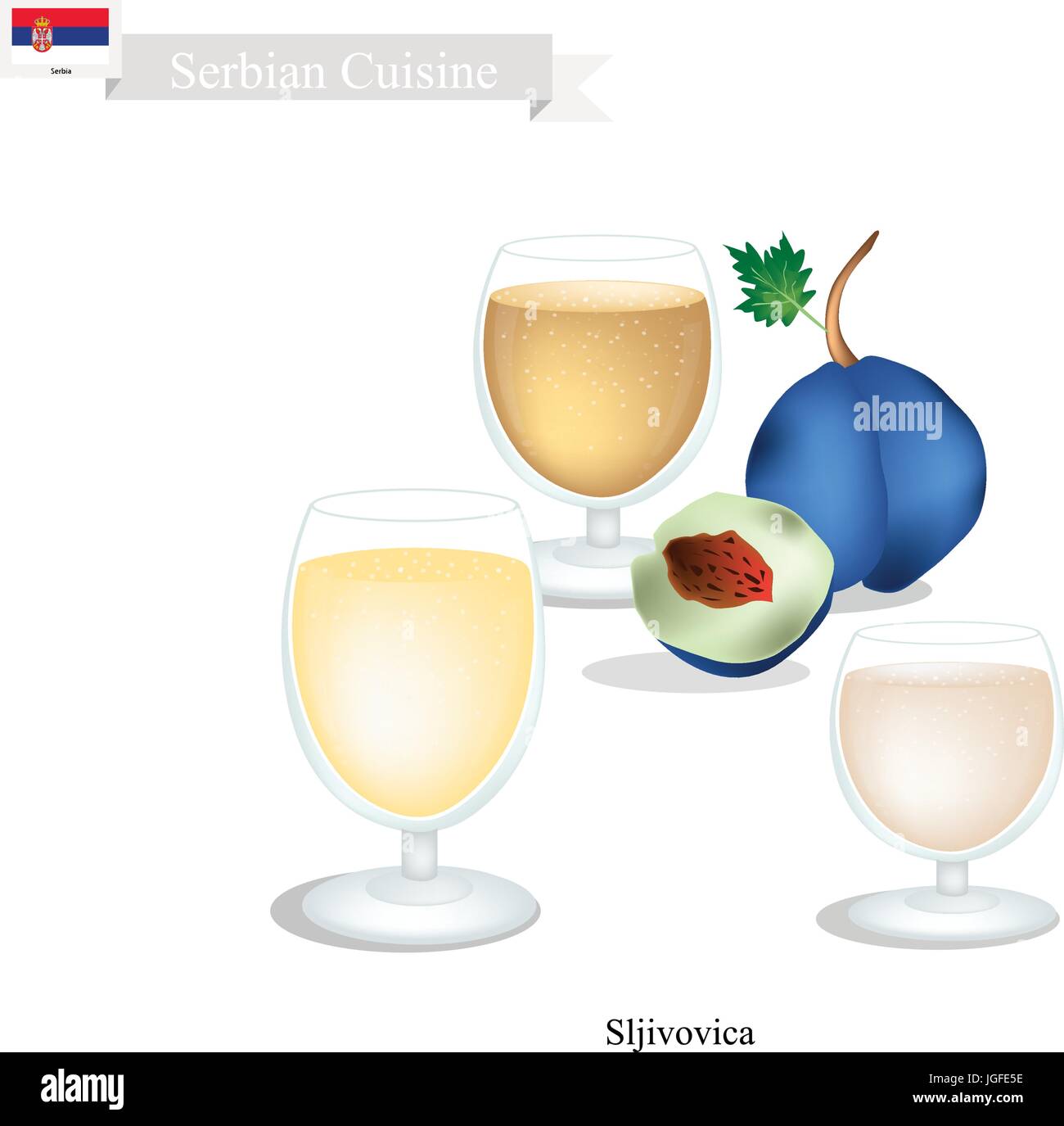 Serbian Cuisine, Sljivovica or Traditional Alcoholic Plum Brandy. One of The Most Popular Drink in Serbia. Stock Vector